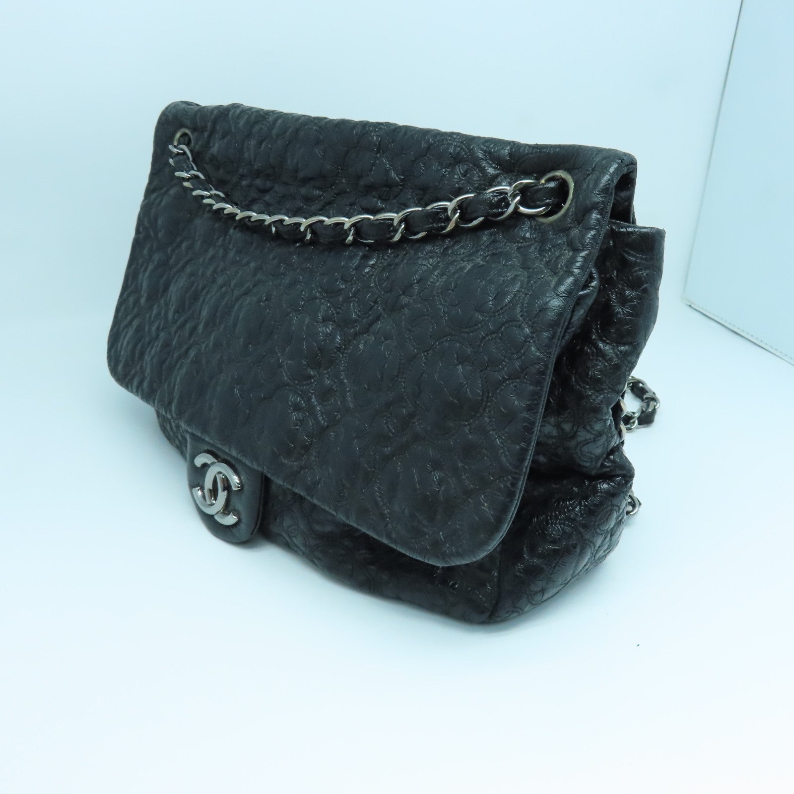CHANEL Leather Chain Shoulder Silver Buckle Shoulder Bag Black