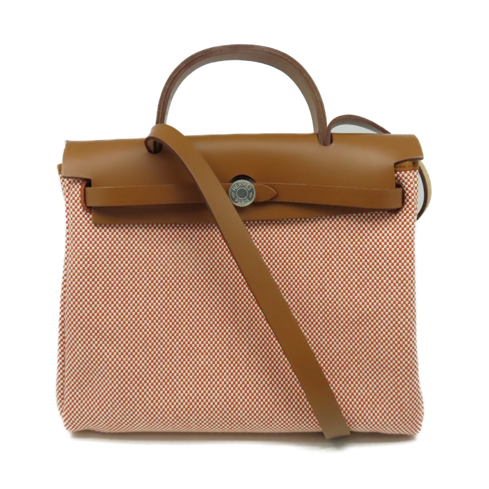 HERMES 帆布/皮革Herbag PM銀扣手挽肩背兩用袋Sanguine三文魚色/Fauve太妃色