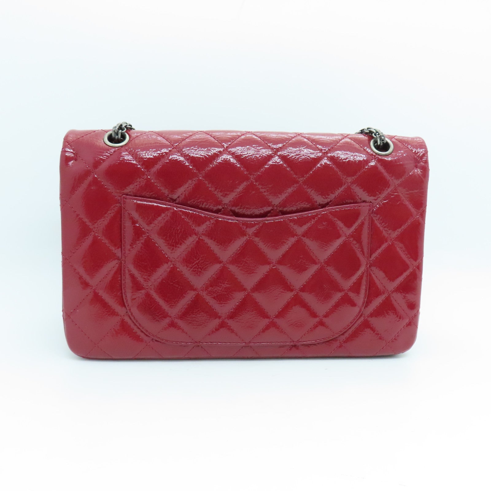 CHANEL 菱格漆皮皮革2.55 Chain Shoulder银扣链带肩背袋红色