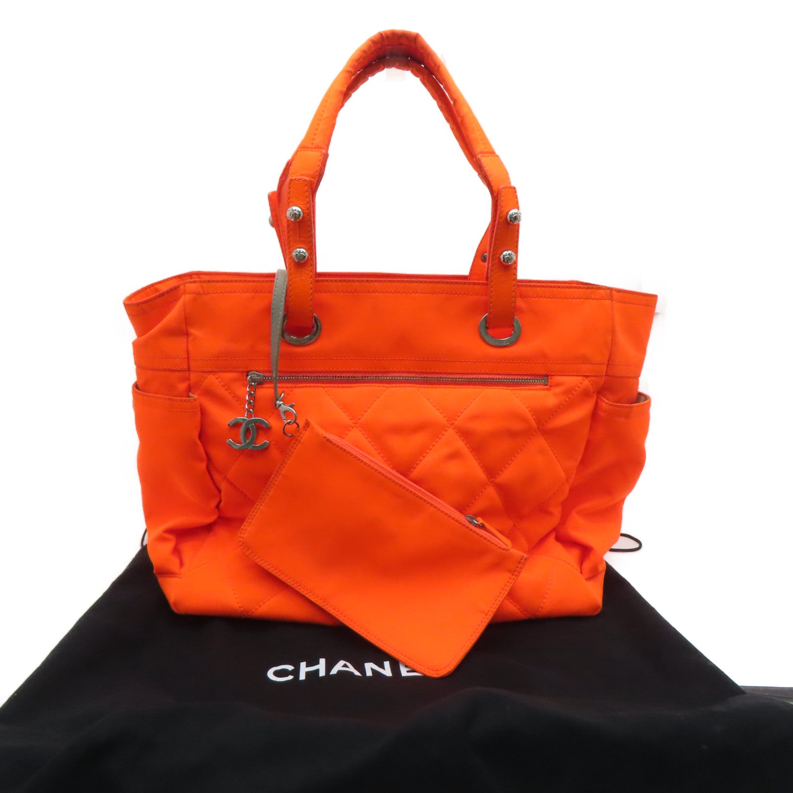CHANEL 【激減優惠】菱格聚酯纖維Hand Bag銀扣手挽袋橙色