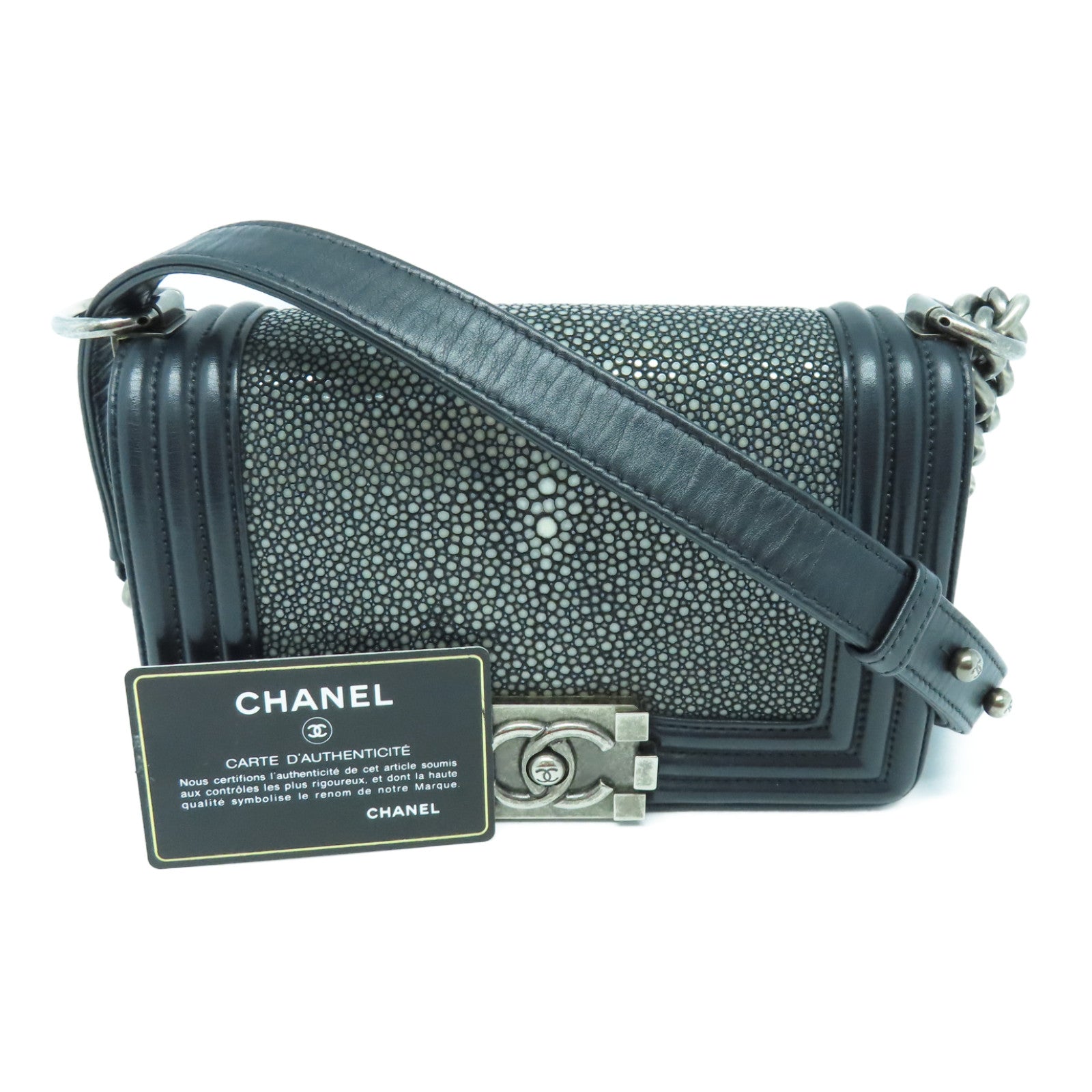 CHANEL 魔鬼魚皮革/牛皮皮革Chain Shoulder Bag銀扣鏈帶肩背袋黑色