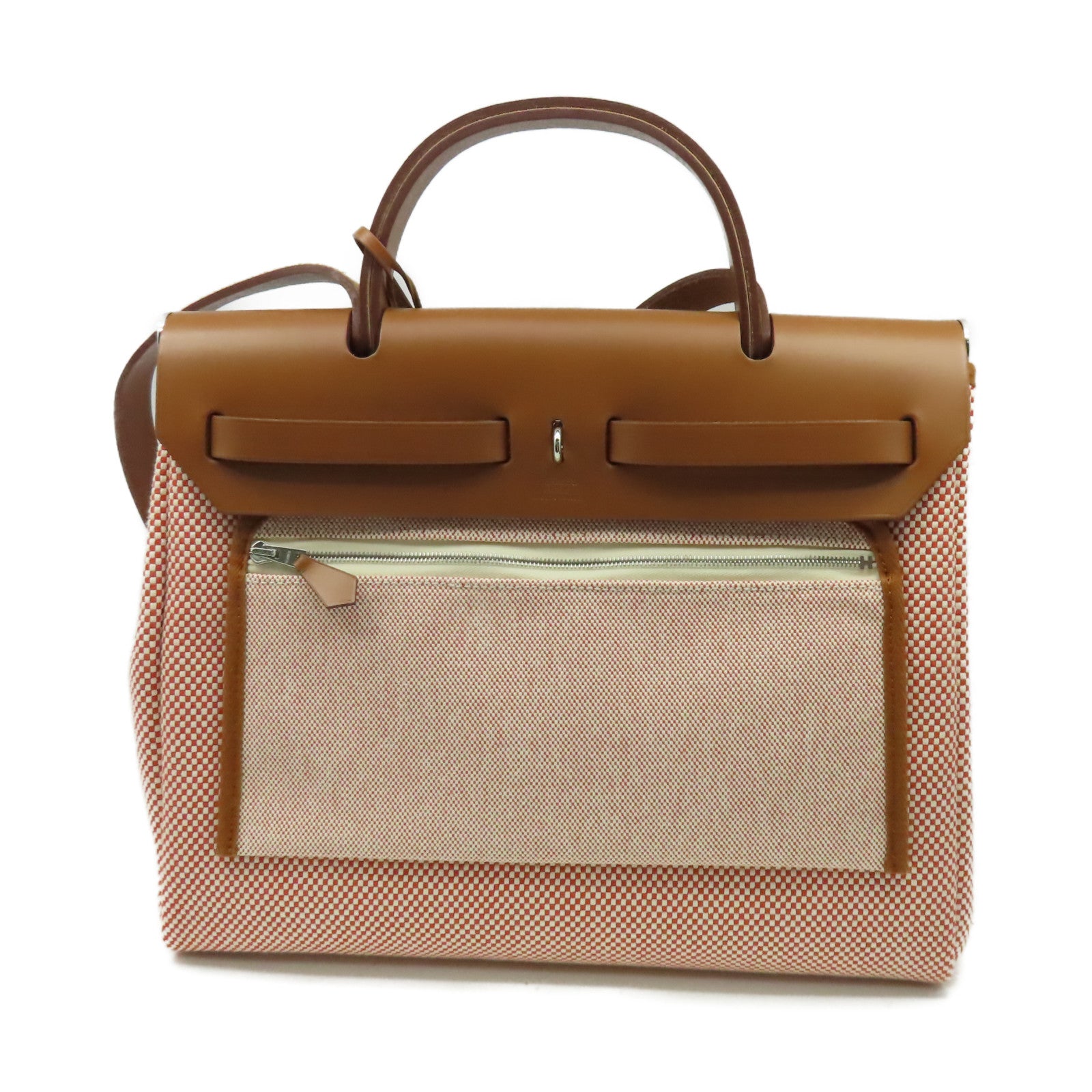 HERMES 帆布/皮革Herbag PM銀扣手挽肩背兩用袋Sanguine三文魚色/Fauve太妃色