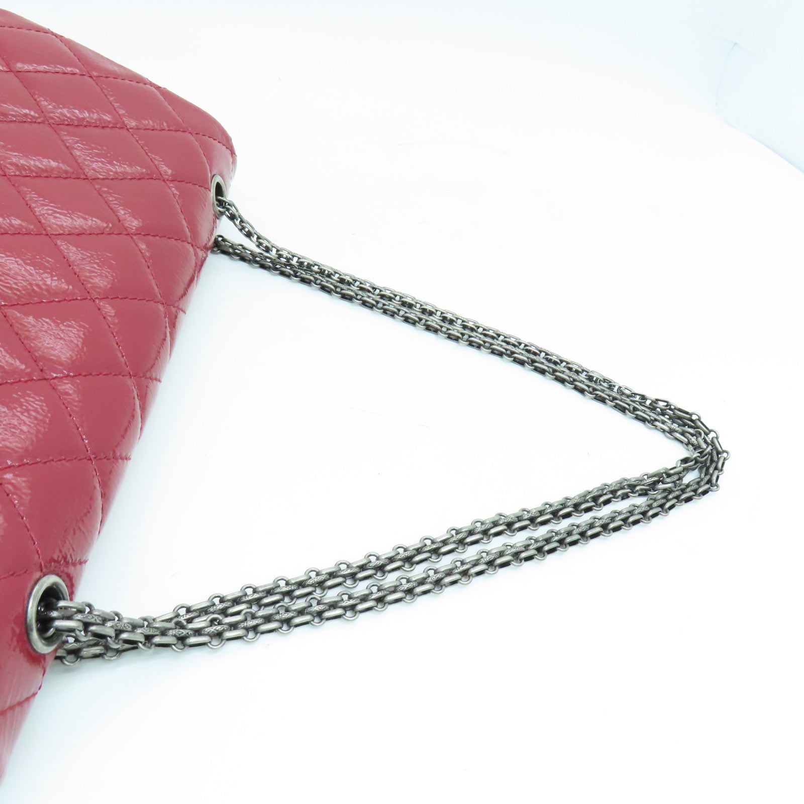 CHANEL 菱格漆皮皮革2.55 Chain Shoulder银扣链带肩背袋红色