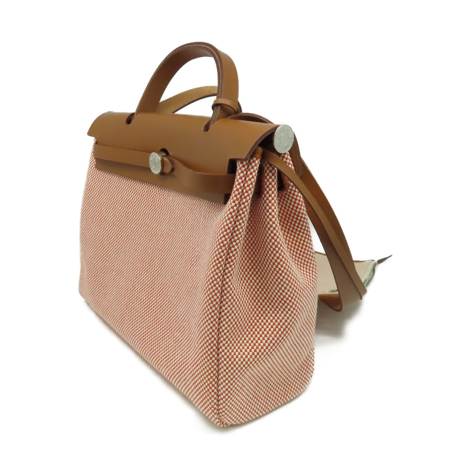 HERMES 帆布/皮革Herbag PM銀扣手挽肩背兩用袋Sanguine三文魚色/Fauve太妃色