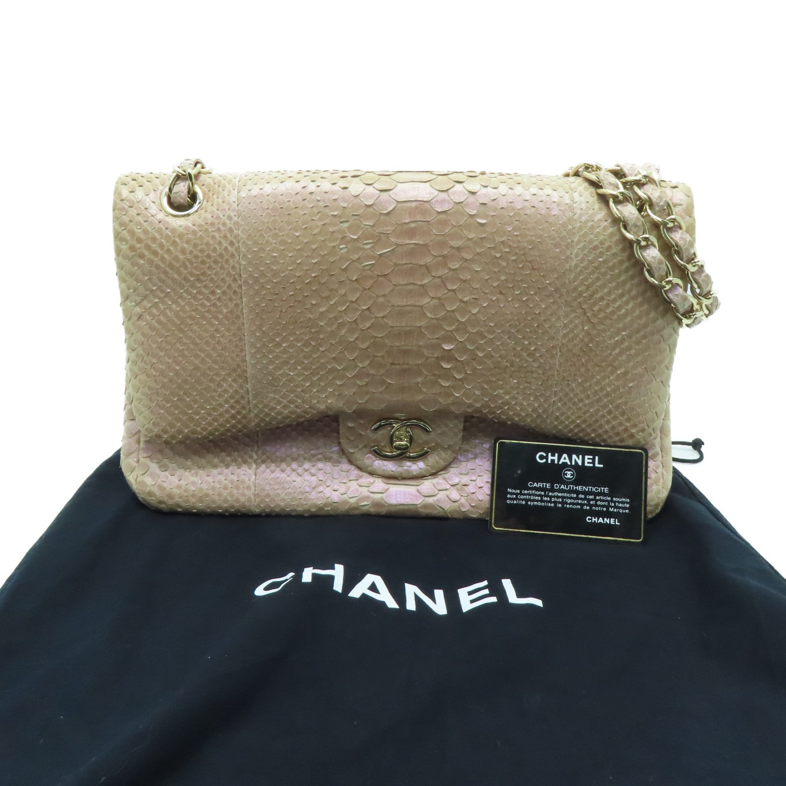 CHANEL 蛇皮皮革Chain Shoulder金扣鏈帶肩背袋粉紅色