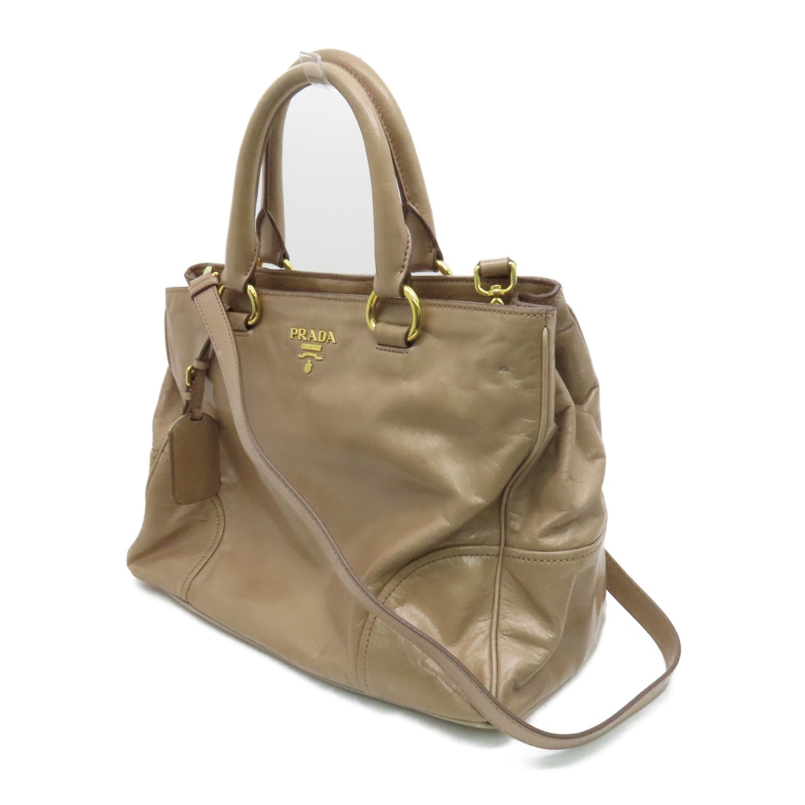 PRADA 牛皮皮革Shoulder Bag金扣手挽肩背两用袋米色