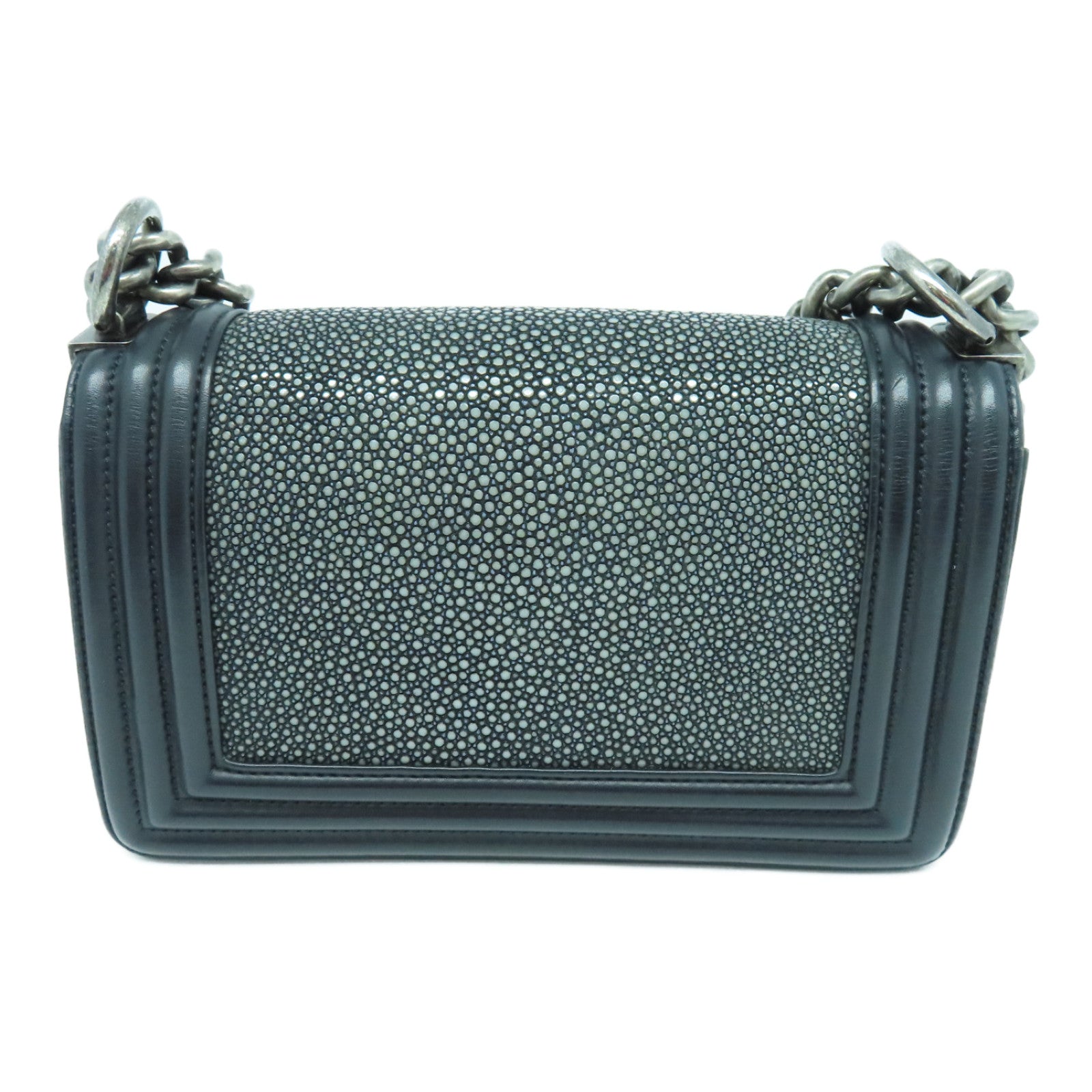 CHANEL 魔鬼魚皮革/牛皮皮革Chain Shoulder Bag銀扣鏈帶肩背袋黑色