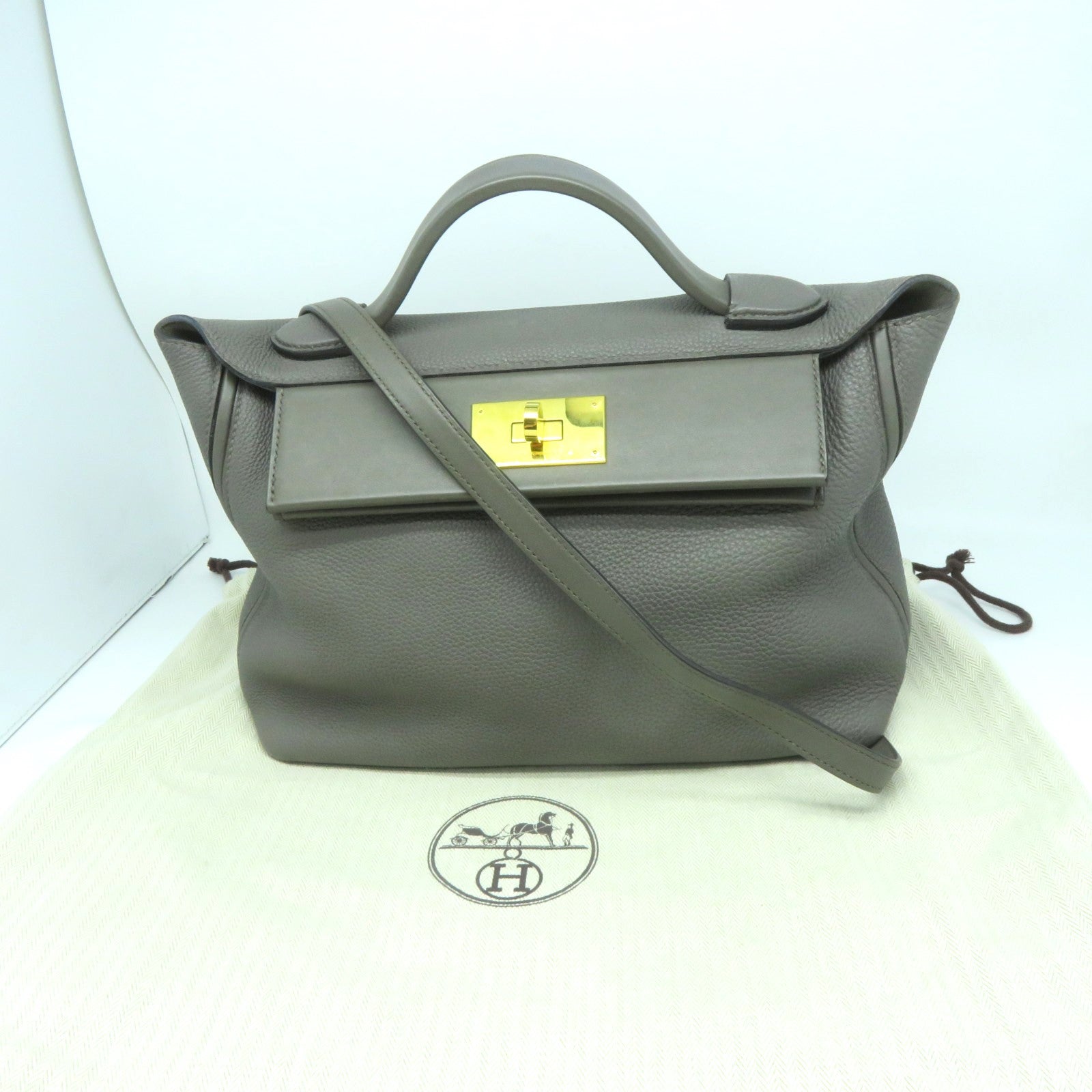 HERMES Clemence皮革24/24 29CM金扣手挽肩背兩用袋錫灰色