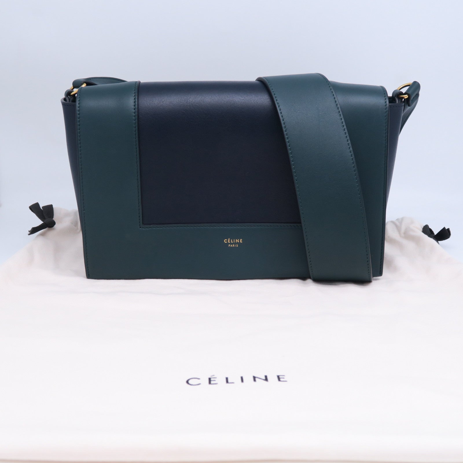 CELINE 牛皮皮革Frame Bag金扣肩背袋深藍色/綠色