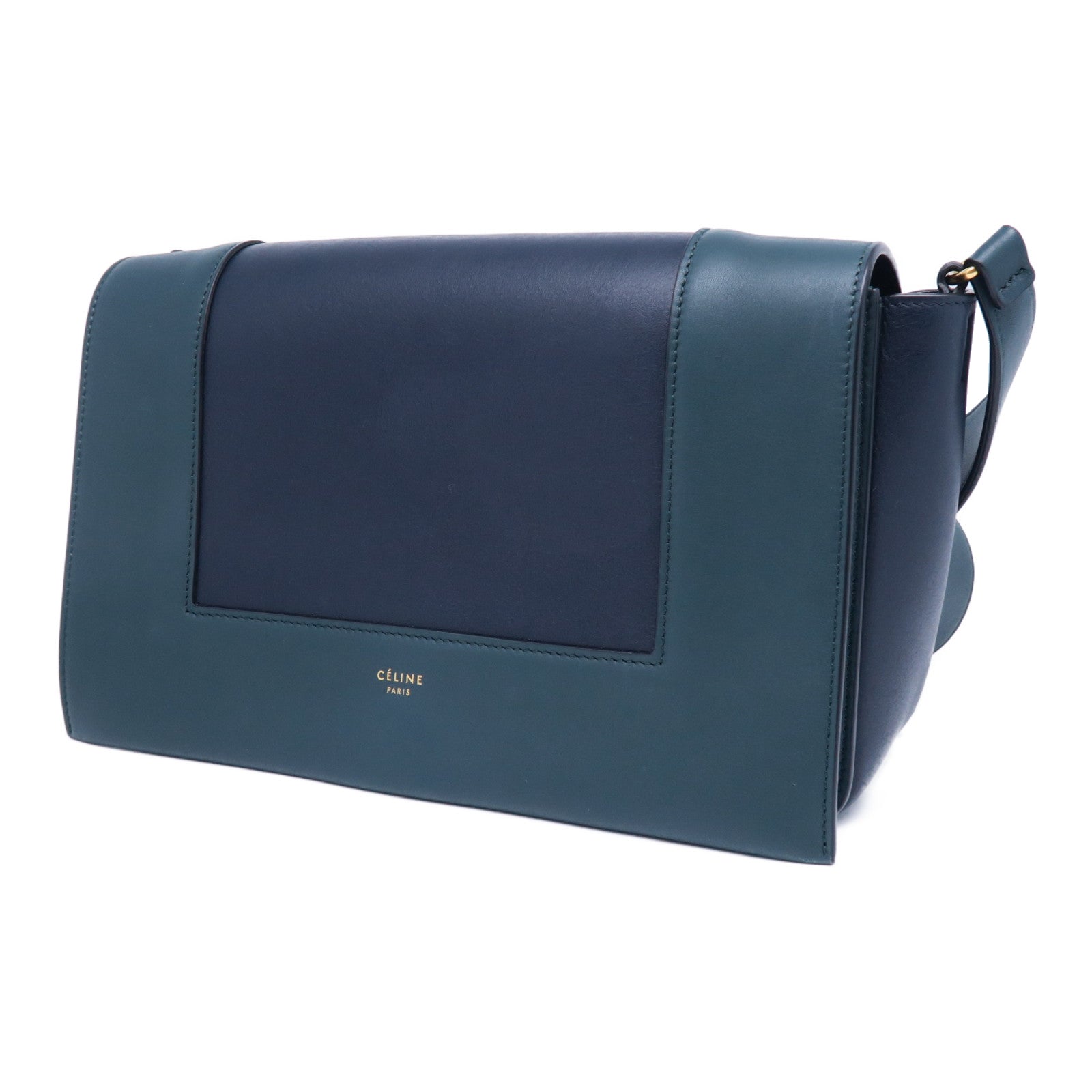 CELINE 牛皮皮革Frame Bag金扣肩背袋深藍色/綠色