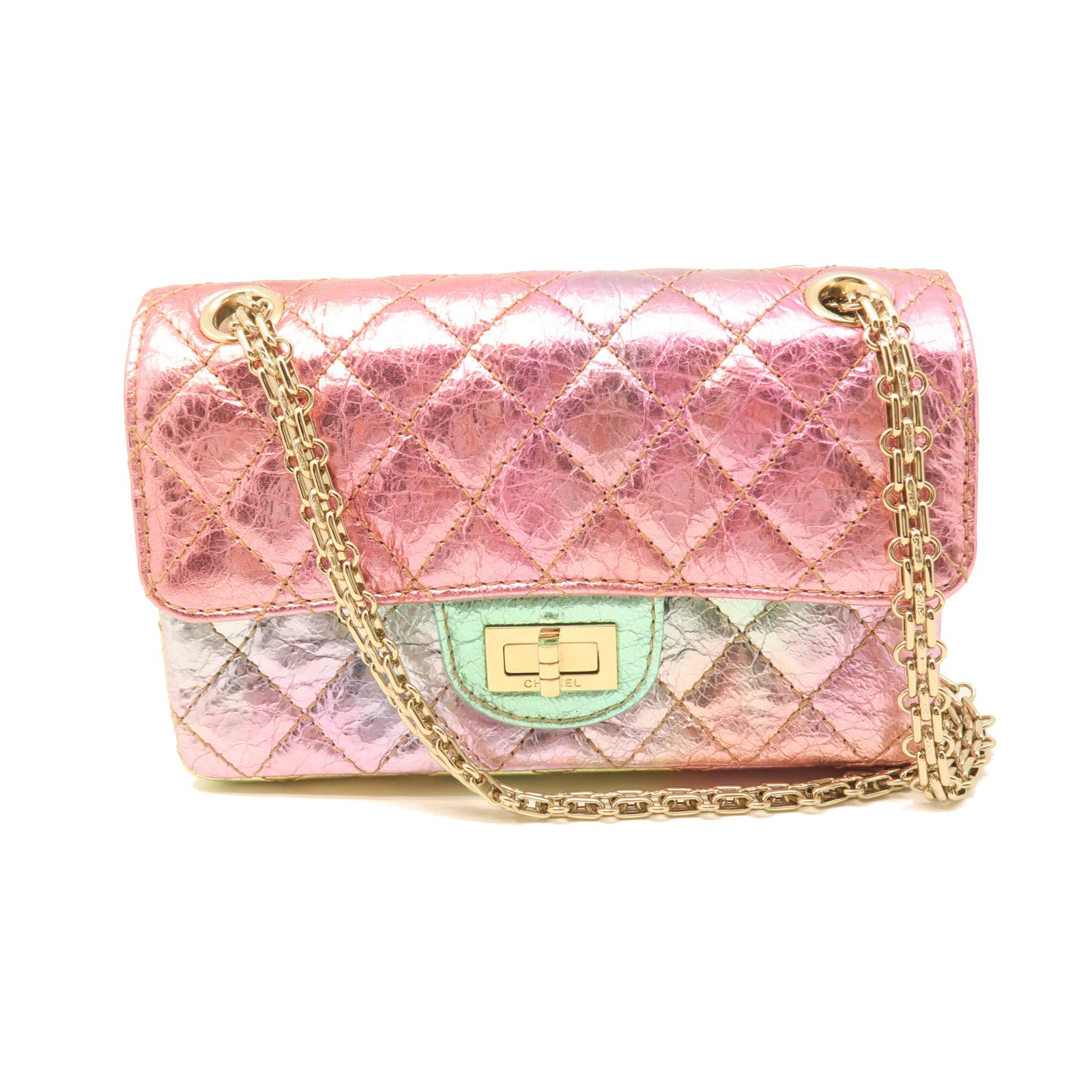 CHANEL Diamond Calfskin Leather 2.55 Mini Gold Buckle Chain Shoulder Bag Pink/Multicolor