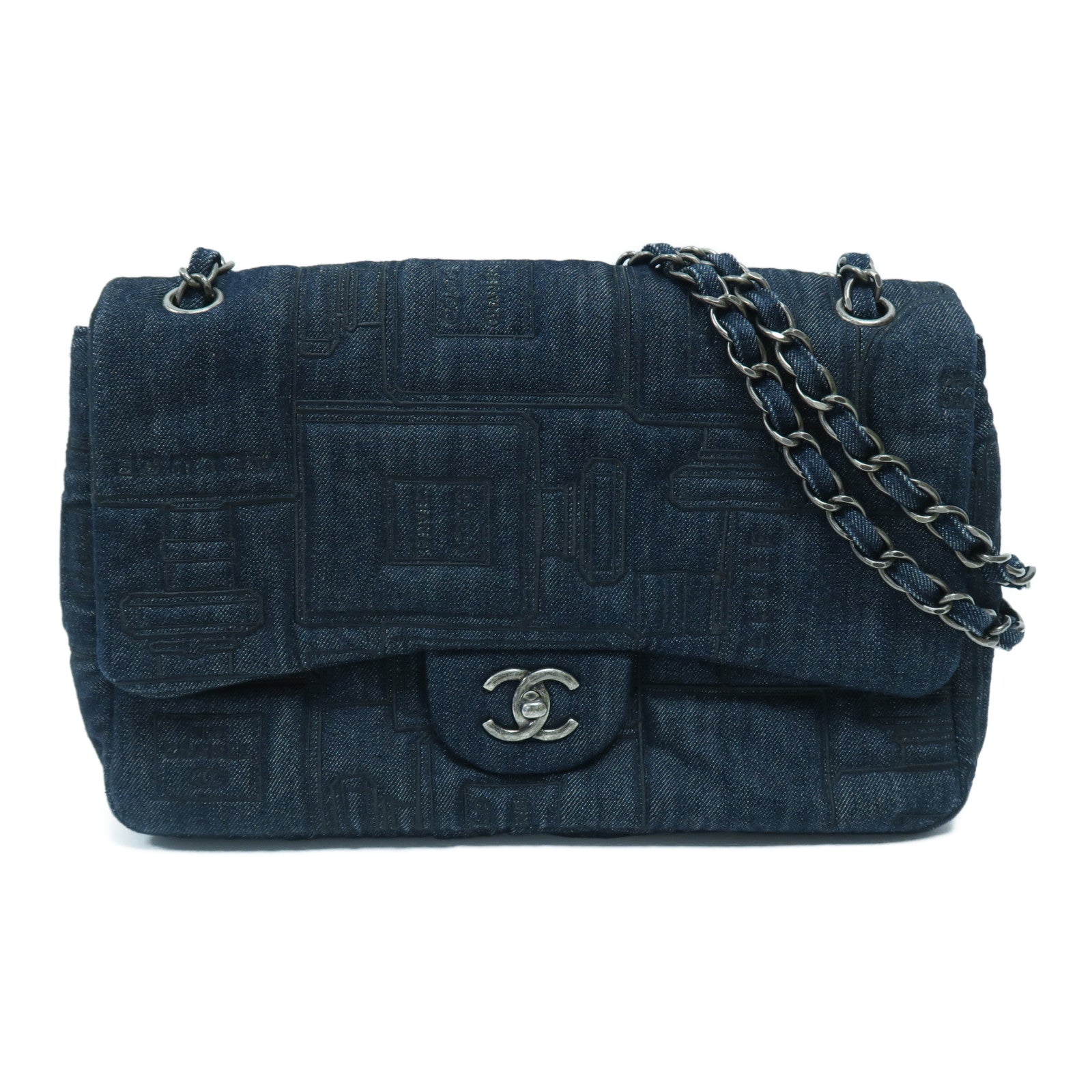 CHANEL 牛仔布Chain Shoulder Bag銀扣鏈帶肩背袋深藍色