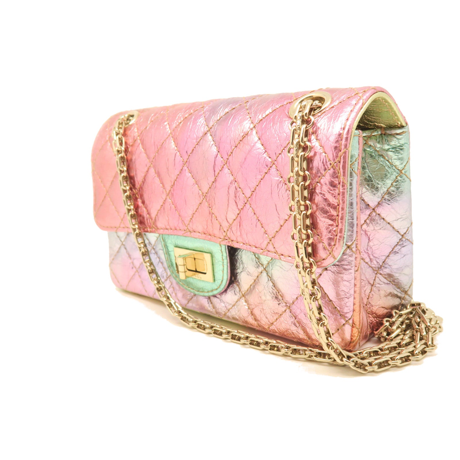 CHANEL Diamond Calfskin Leather Mini Gold Buckle Chain Shoulder Bag  Pink/Multicolor
