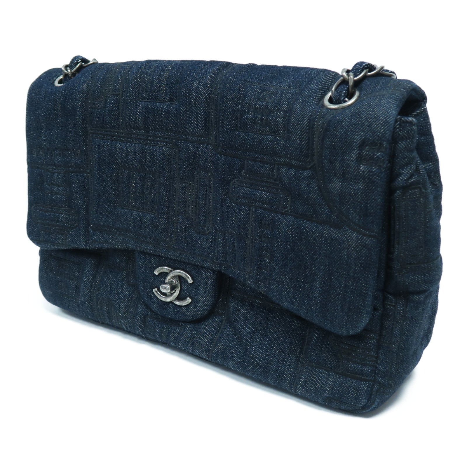 CHANEL 牛仔布Chain Shoulder Bag銀扣鏈帶肩背袋深藍色