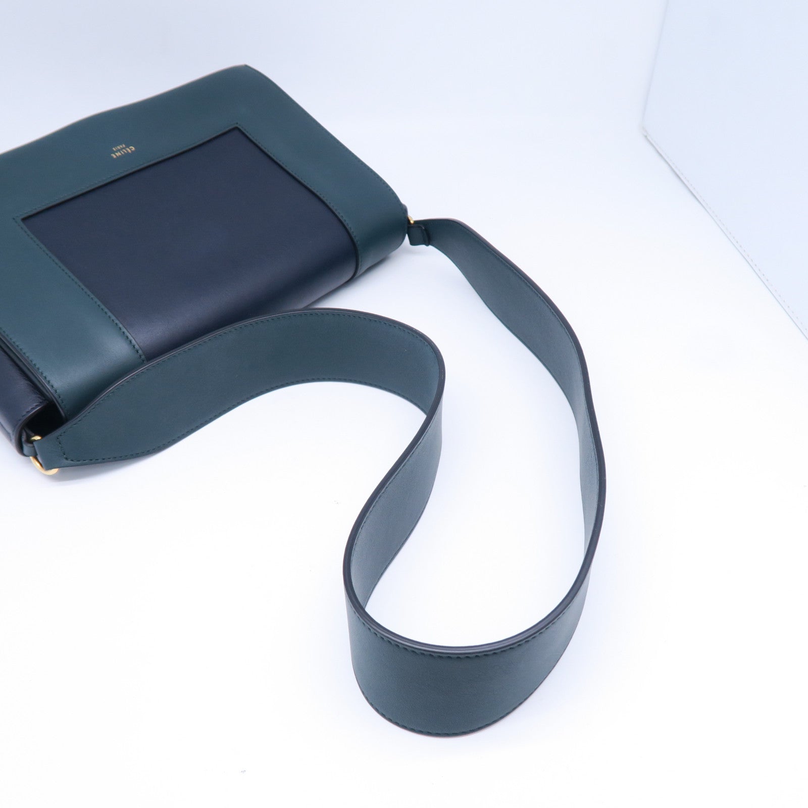 CELINE 牛皮皮革Frame Bag金扣肩背袋深藍色/綠色