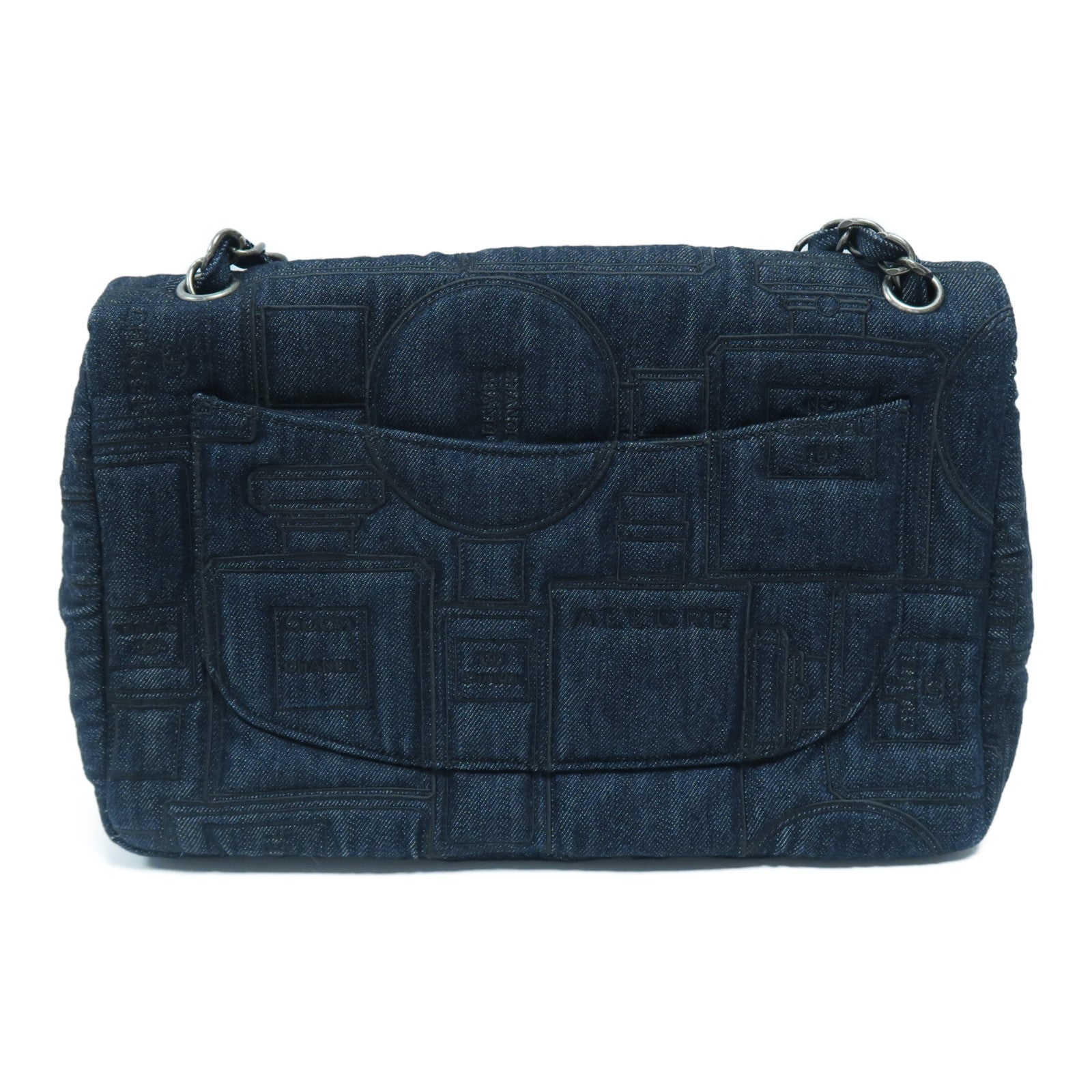 CHANEL 牛仔布Chain Shoulder Bag銀扣鏈帶肩背袋深藍色