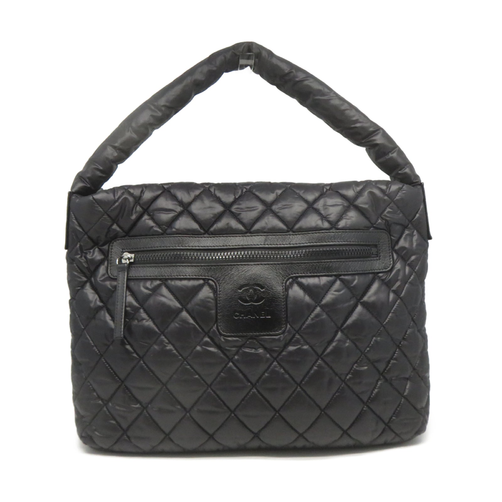 CHANEL 菱格尼龍Shoulder Bag銀扣肩背袋黑色