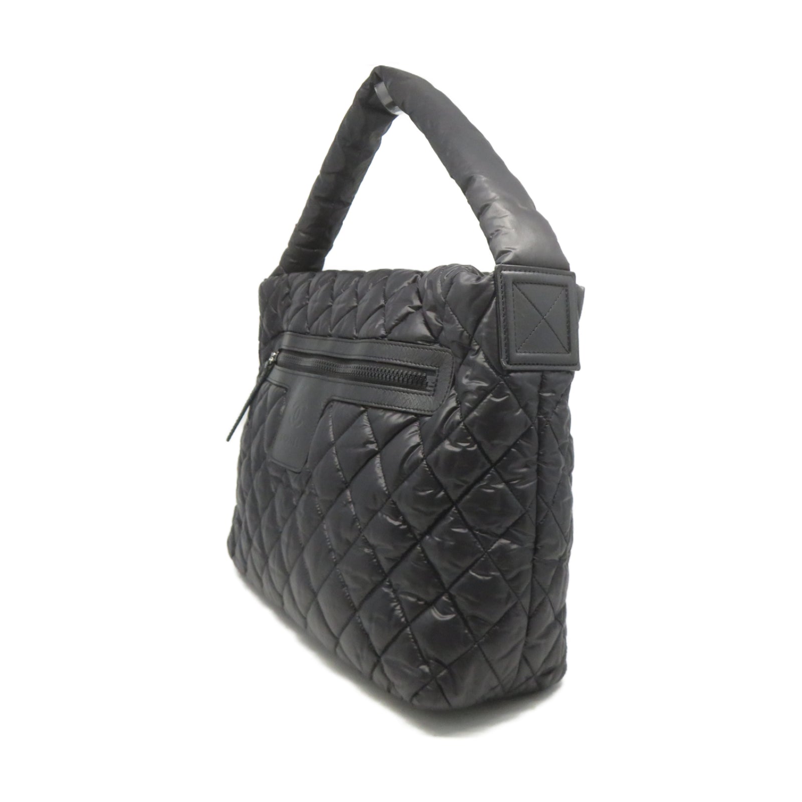 CHANEL 菱格尼龍Shoulder Bag銀扣肩背袋黑色