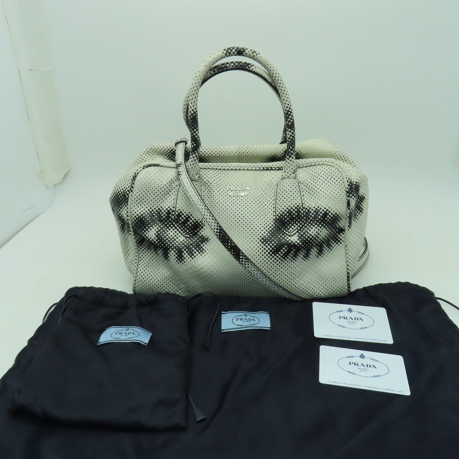 PRADA 蛇皮皮革2 Way Shoulder銀扣手挽肩背兩用袋白色