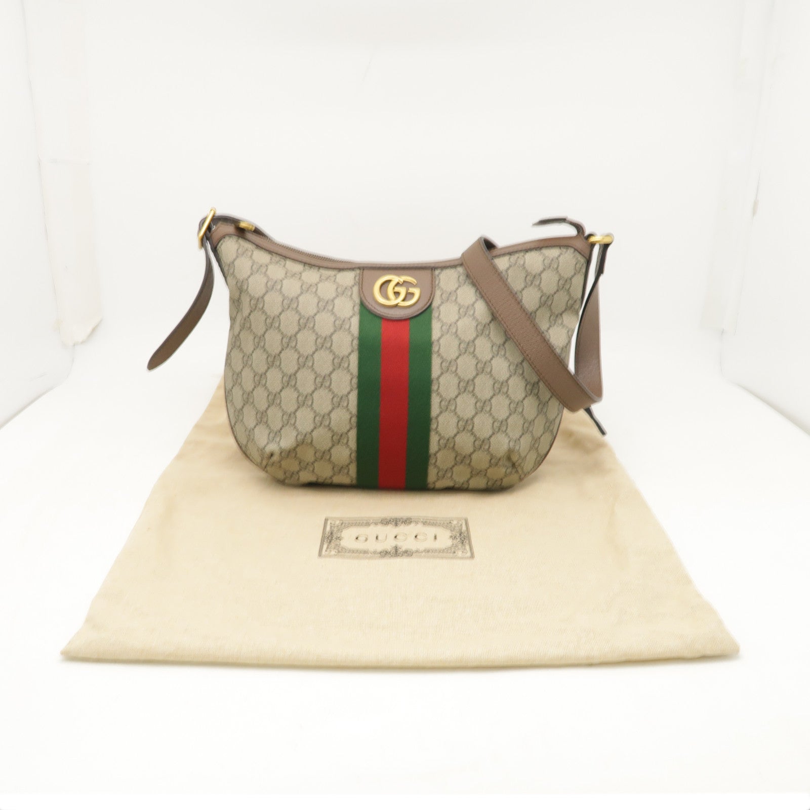 GUCCI 塗層帆布Ophidie GG金扣肩背袋棕色