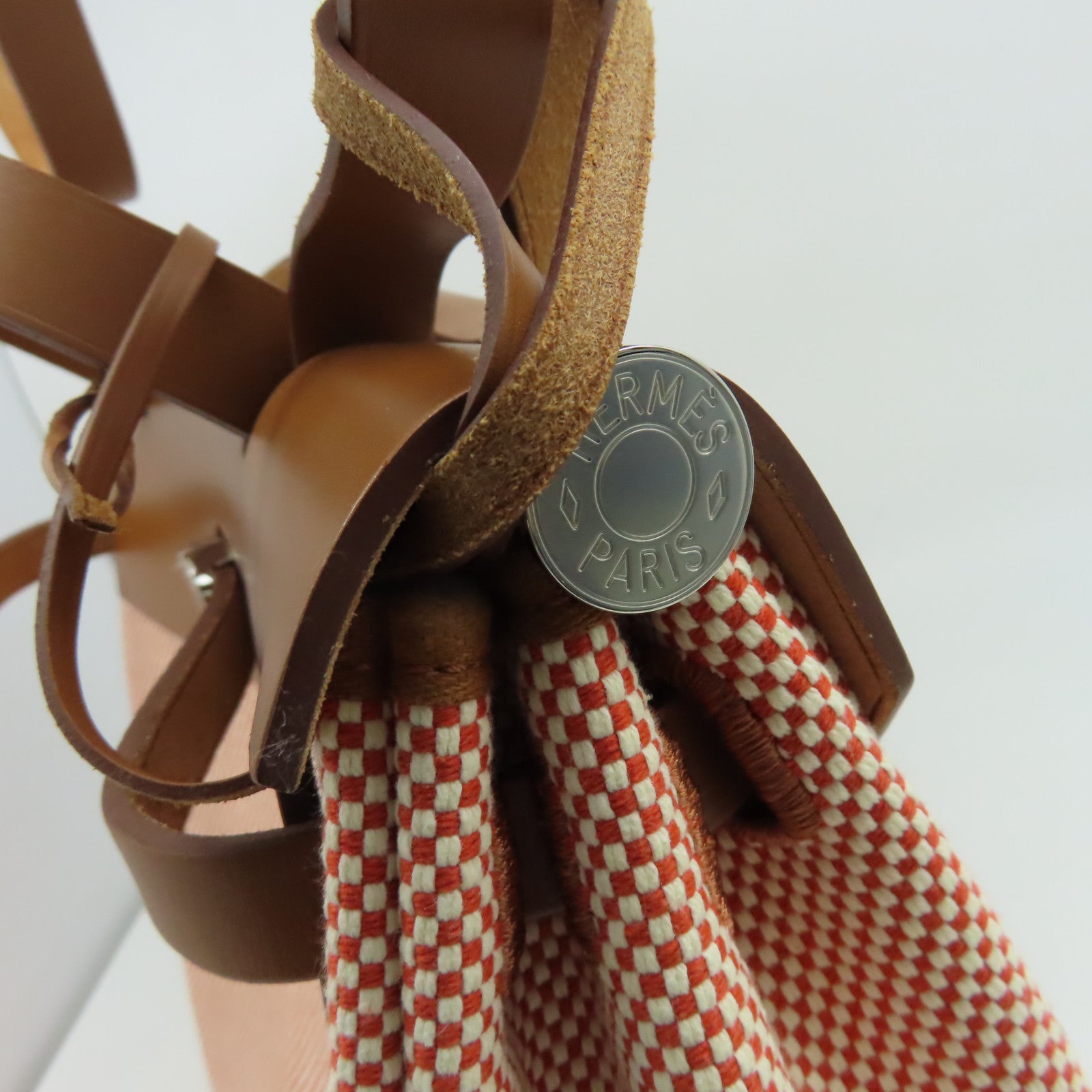 HERMES 帆布/皮革Herbag PM銀扣手挽肩背兩用袋Sanguine三文魚色/Fauve太妃色