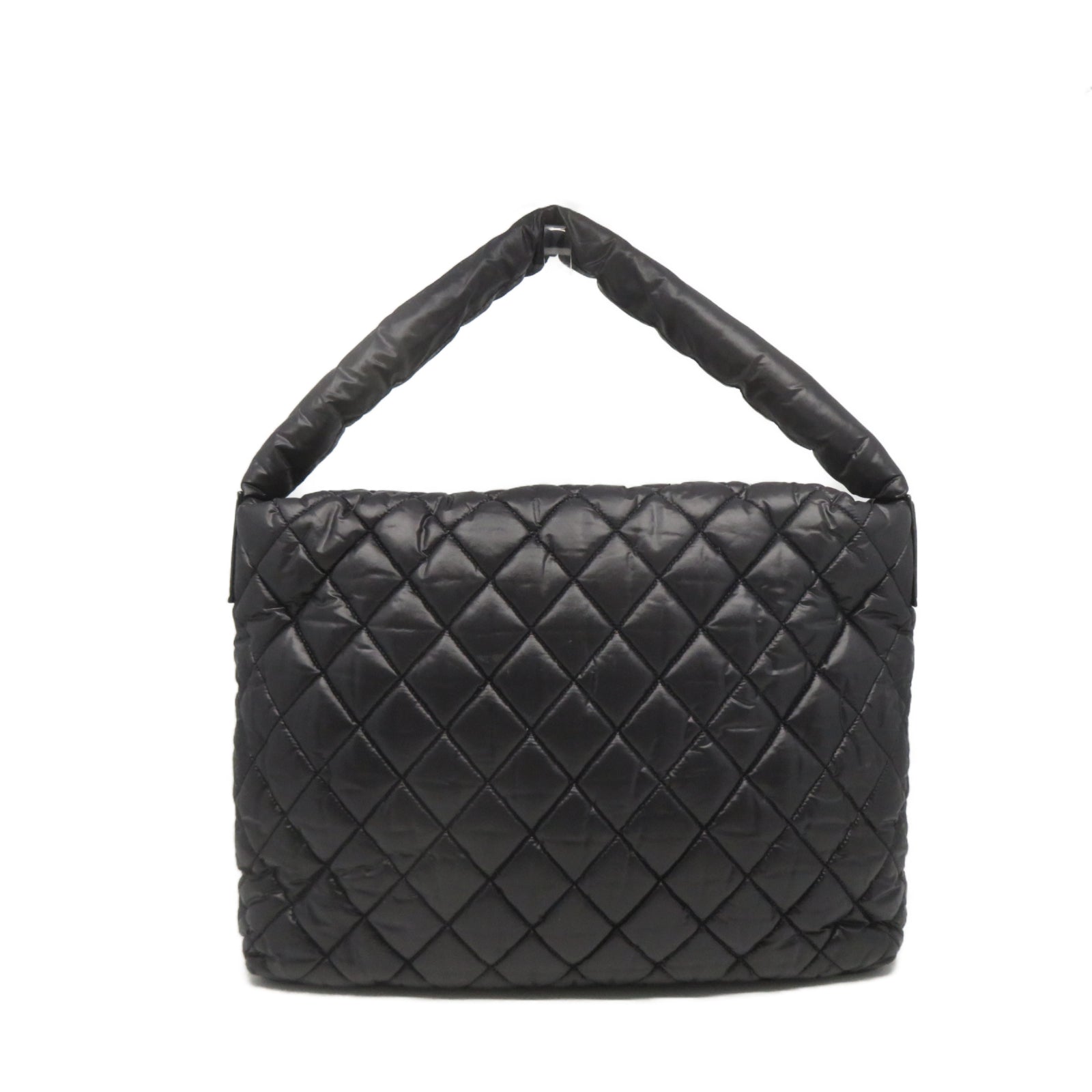 CHANEL 菱格尼龍Shoulder Bag銀扣肩背袋黑色