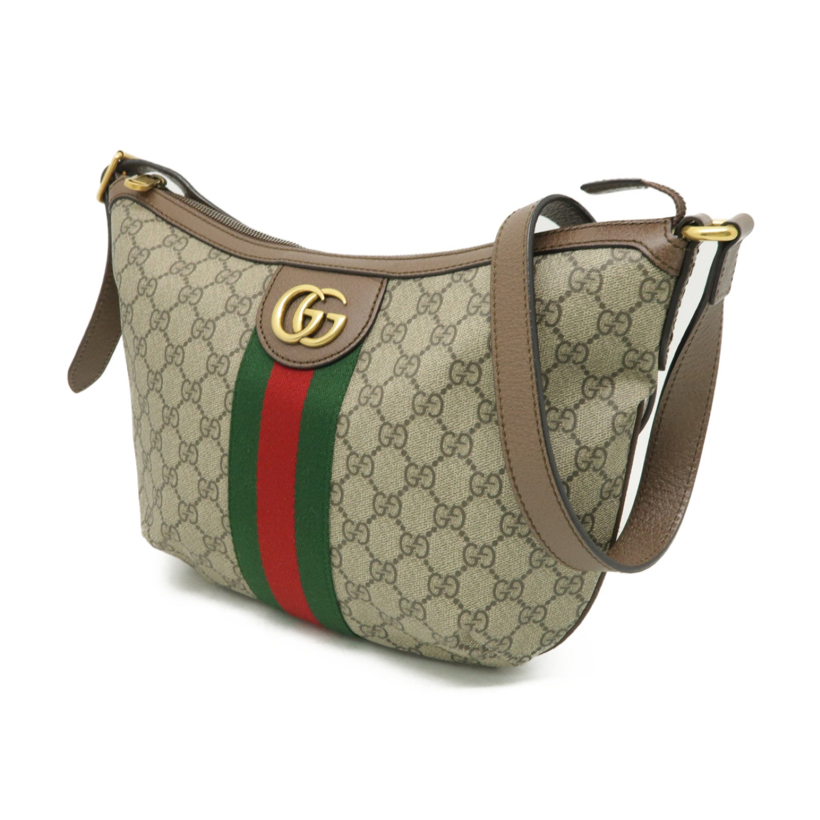 GUCCI 塗層帆布Ophidie GG金扣肩背袋棕色