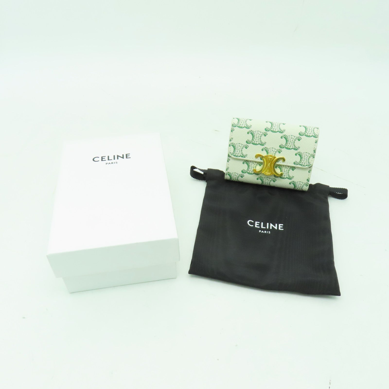 CELINE 塗層皮革Triomphe Compact Wallet金扣錢包綠色