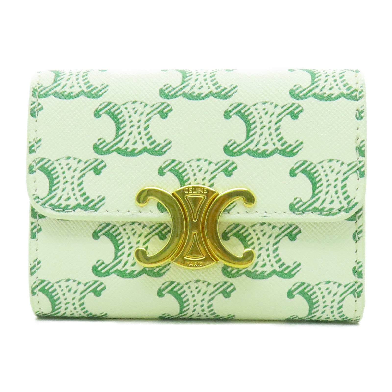 CELINE 塗層皮革Triomphe Compact Wallet金扣錢包綠色