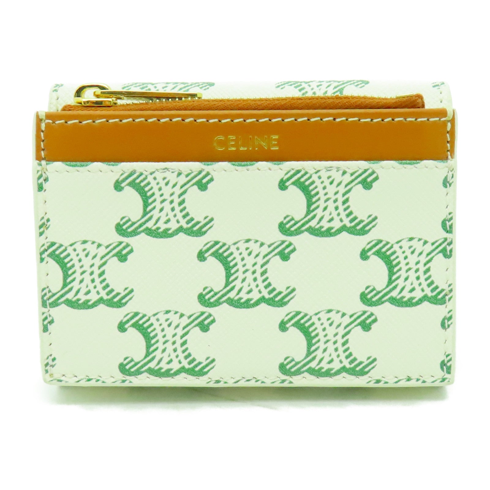 CELINE 塗層皮革Triomphe Compact Wallet金扣錢包綠色