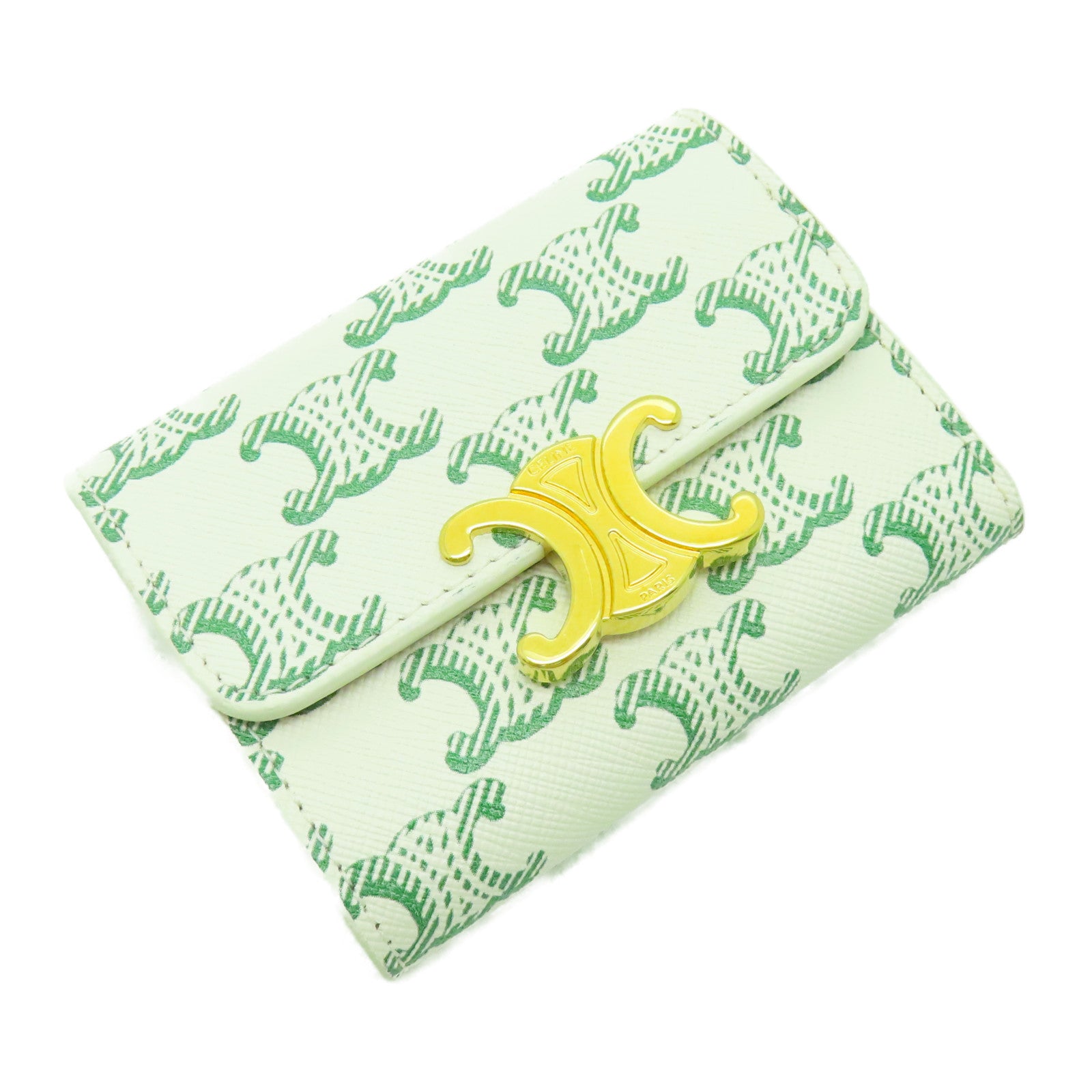CELINE 塗層皮革Triomphe Compact Wallet金扣錢包綠色