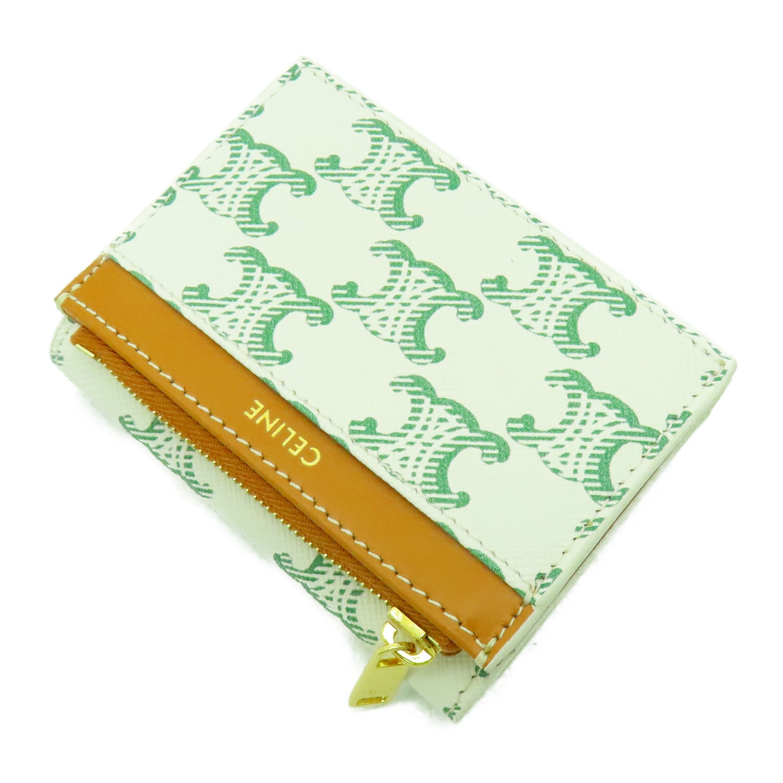 CELINE 塗層皮革Triomphe Compact Wallet金扣錢包綠色