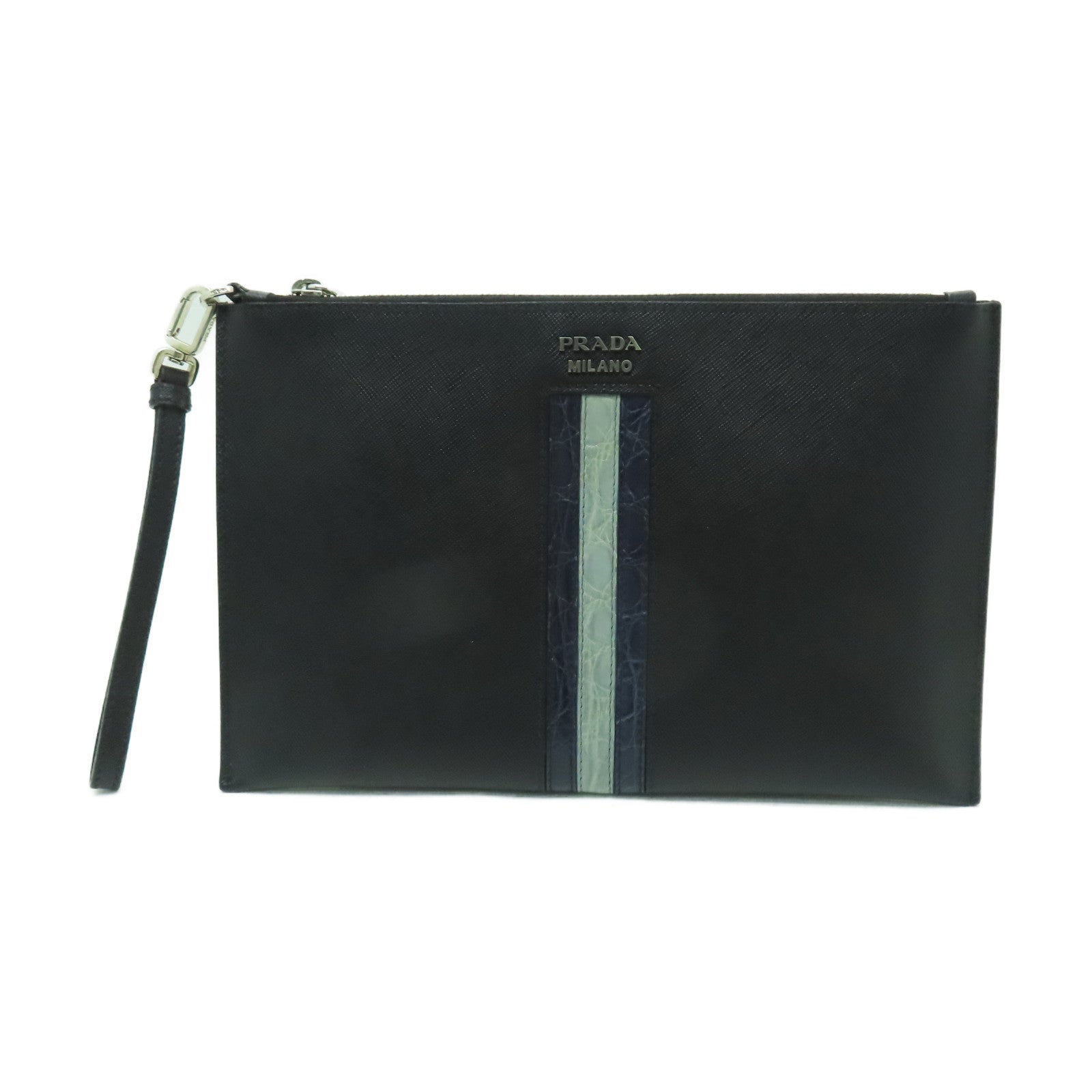 PRADA Saffiano皮革Clutch Bag銀扣手拿包黑色
