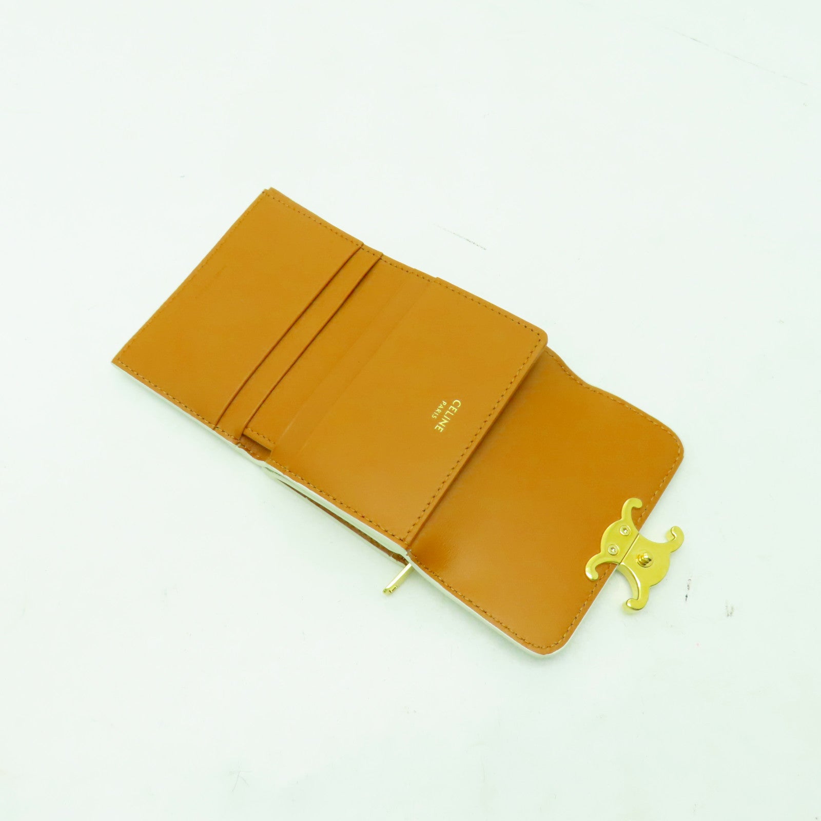 CELINE 塗層皮革Triomphe Compact Wallet金扣錢包綠色