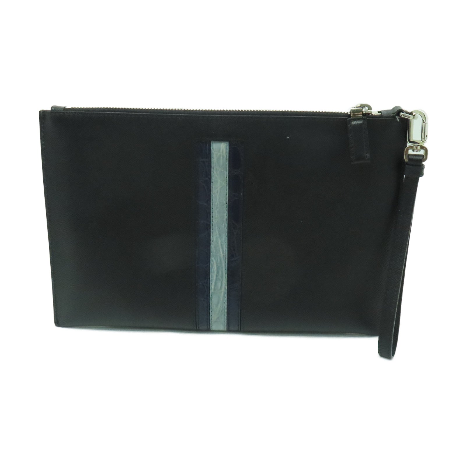 PRADA Saffiano皮革Clutch Bag銀扣手拿包黑色