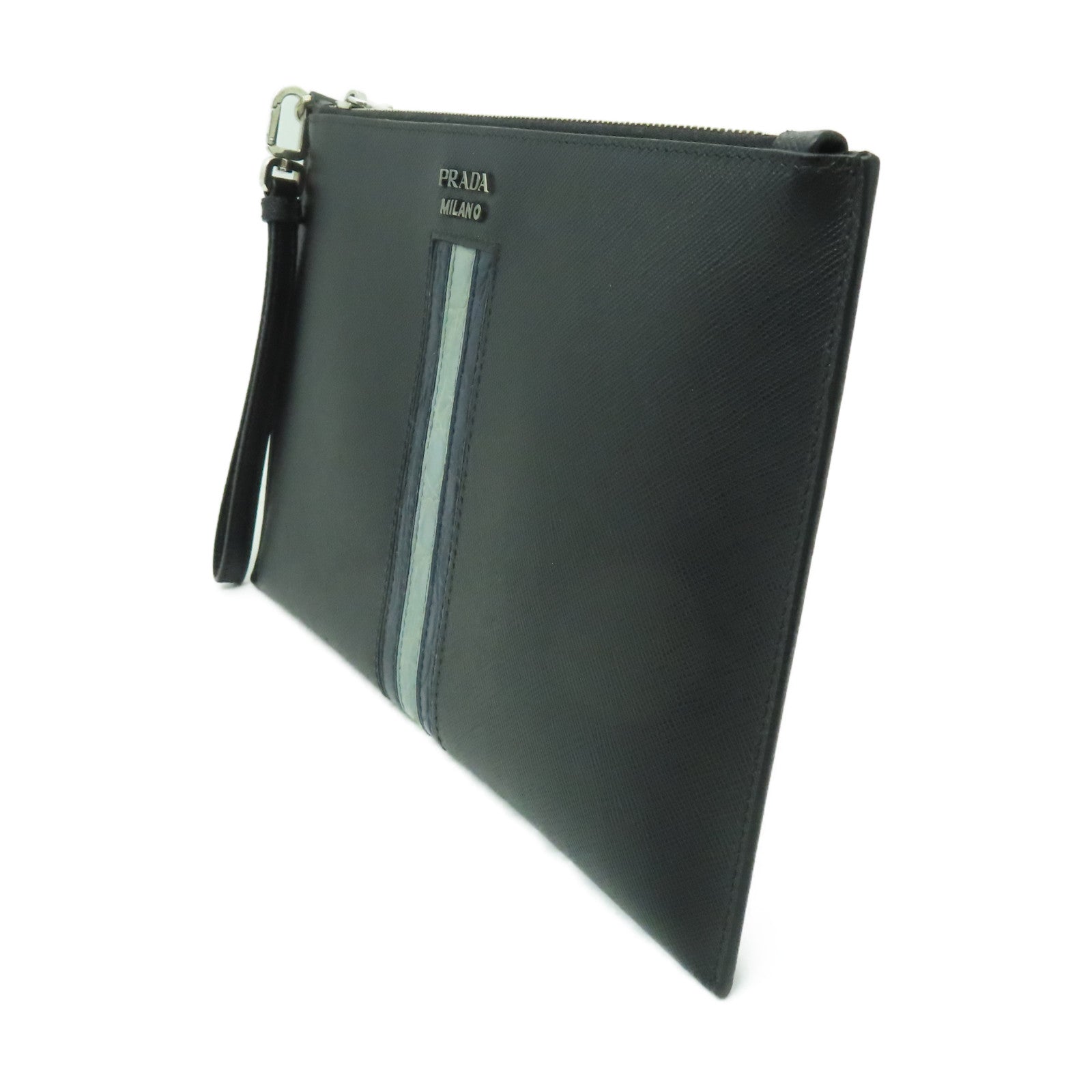 PRADA Saffiano皮革Clutch Bag銀扣手拿包黑色