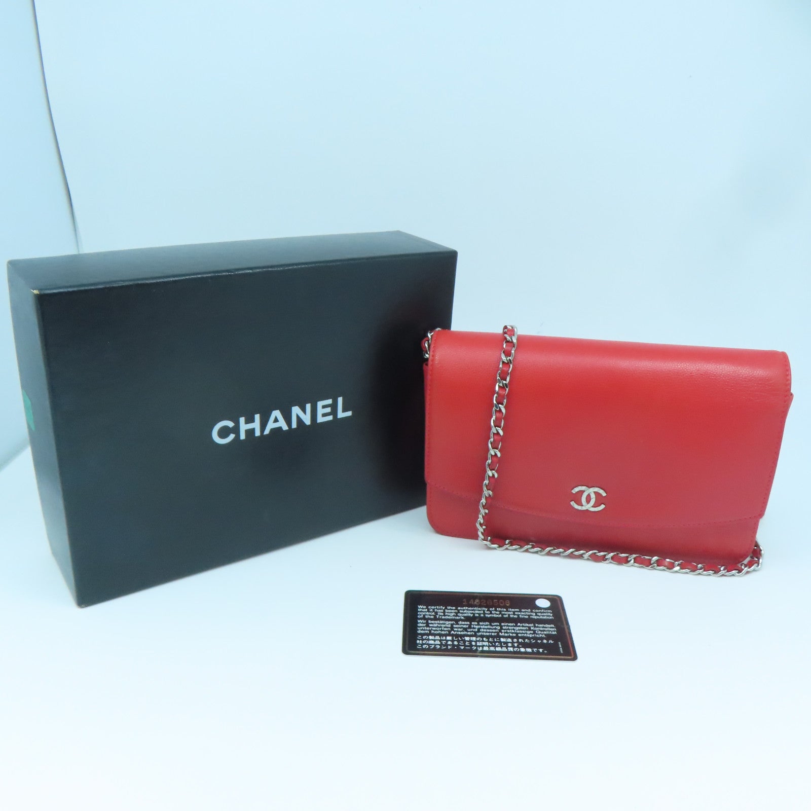 CHANEL cowhide leather Wallet On Chain silver buckle chain shoulder bag red