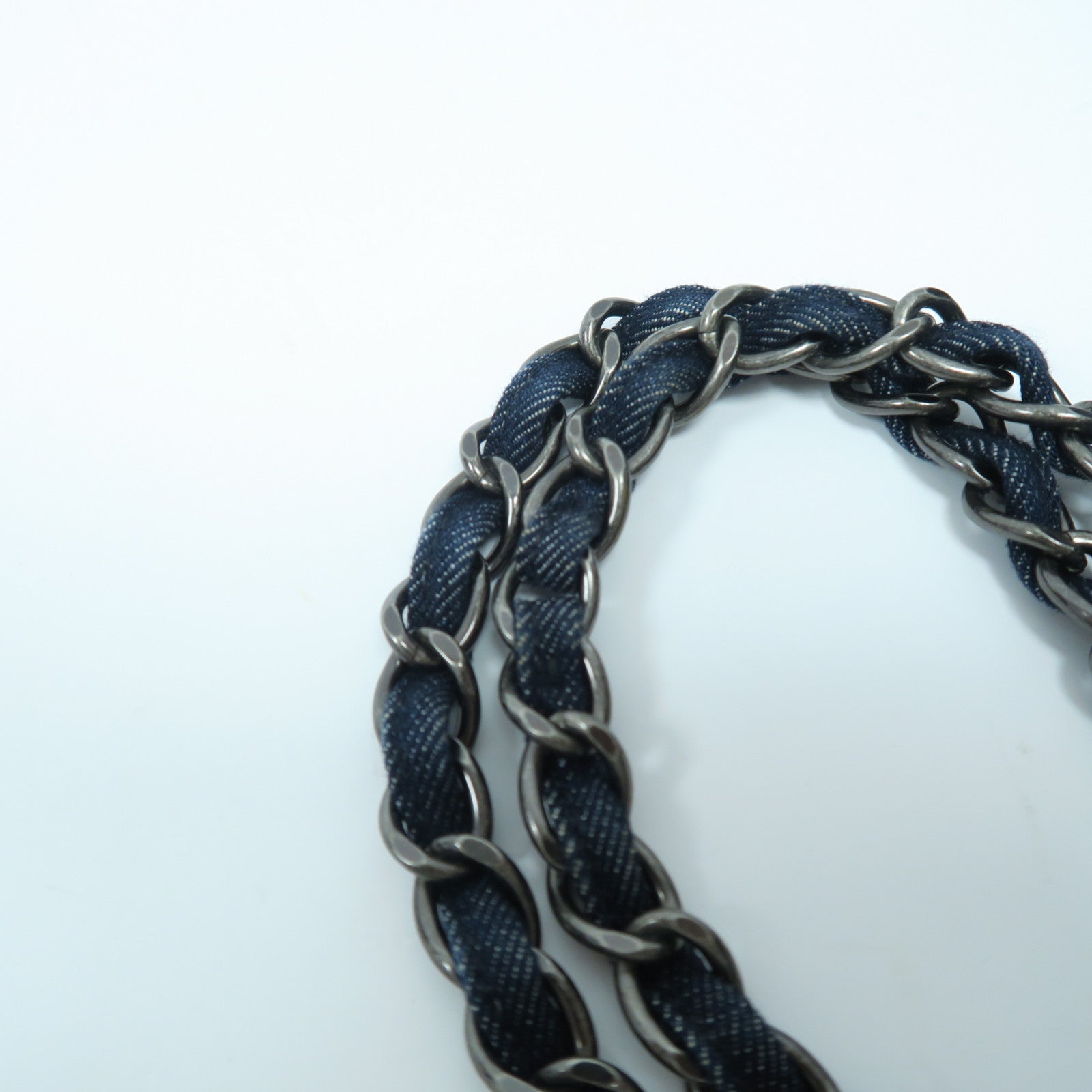 CHANEL 牛仔布Chain Shoulder Bag銀扣鏈帶肩背袋深藍色