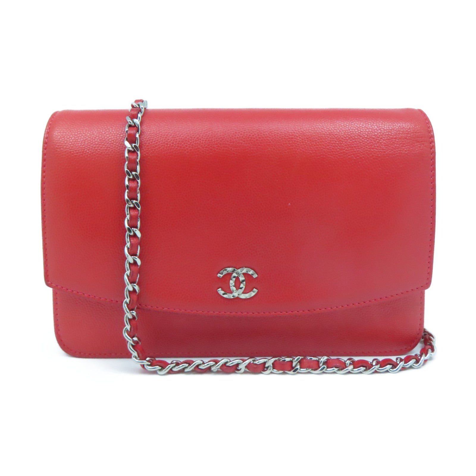 CHANEL cowhide leather Wallet On Chain silver buckle chain shoulder bag red