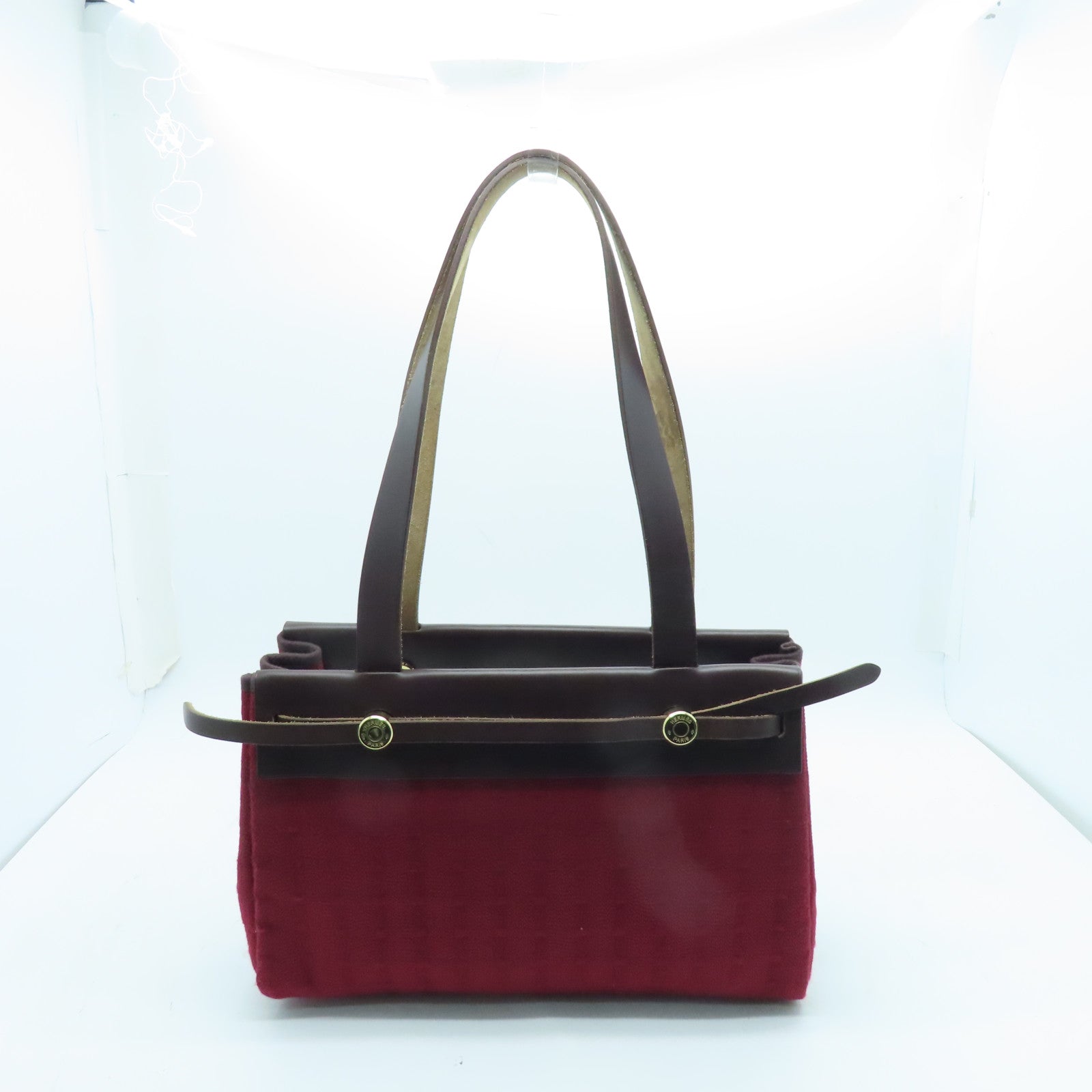 HERMES 帆布Harbag金扣肩背袋紅色/啡色