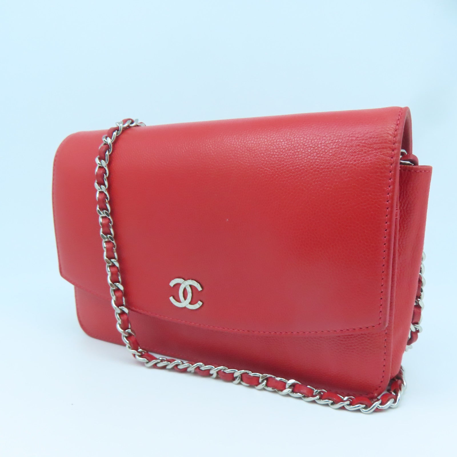 CHANEL cowhide leather Wallet On Chain silver buckle chain shoulder bag red