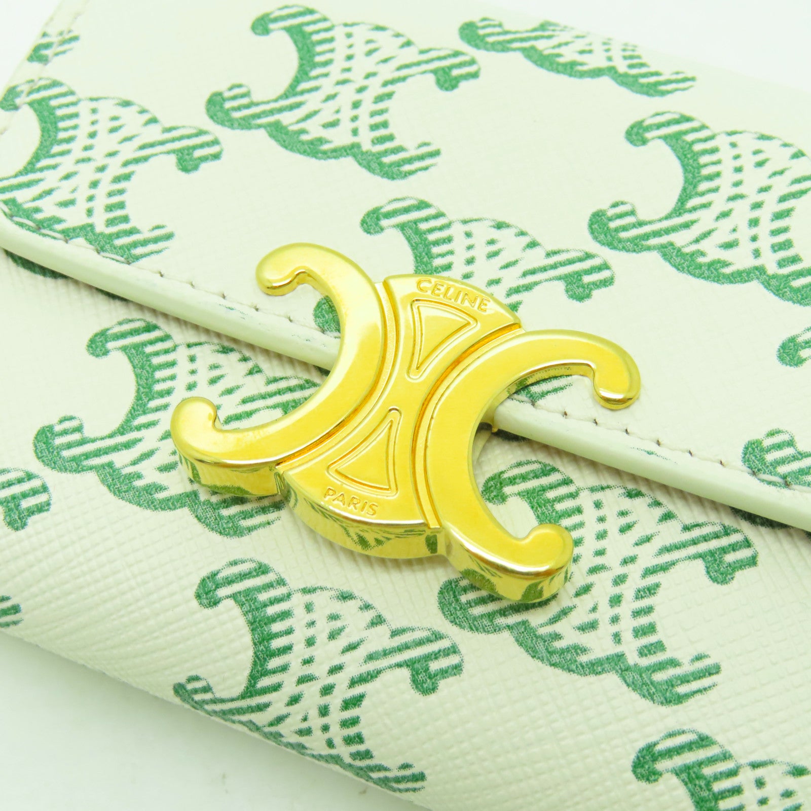 CELINE 塗層皮革Triomphe Compact Wallet金扣錢包綠色