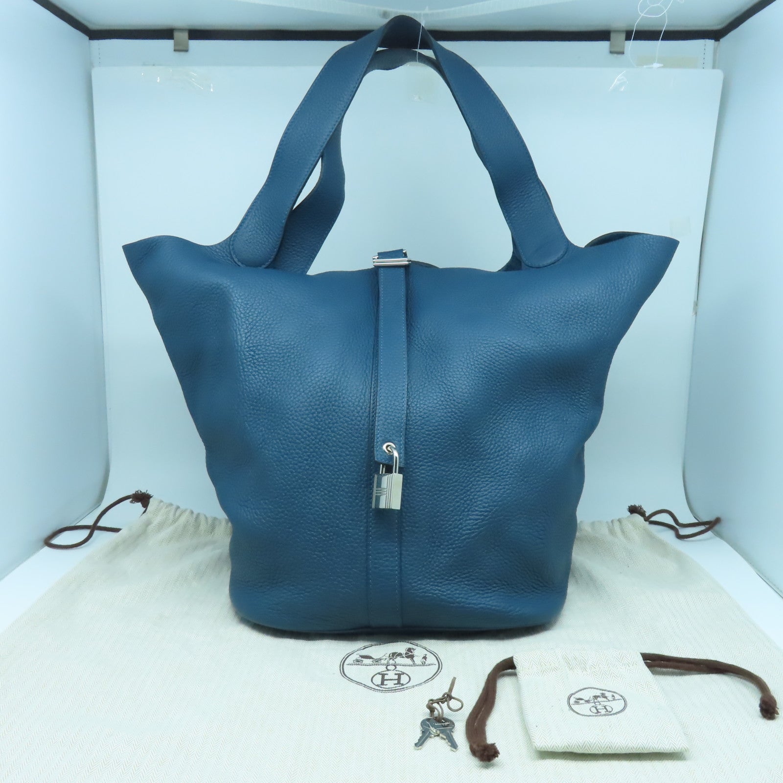 HERMES Clemence皮革Picotin TGM 31銀扣肩背袋鴨子藍色