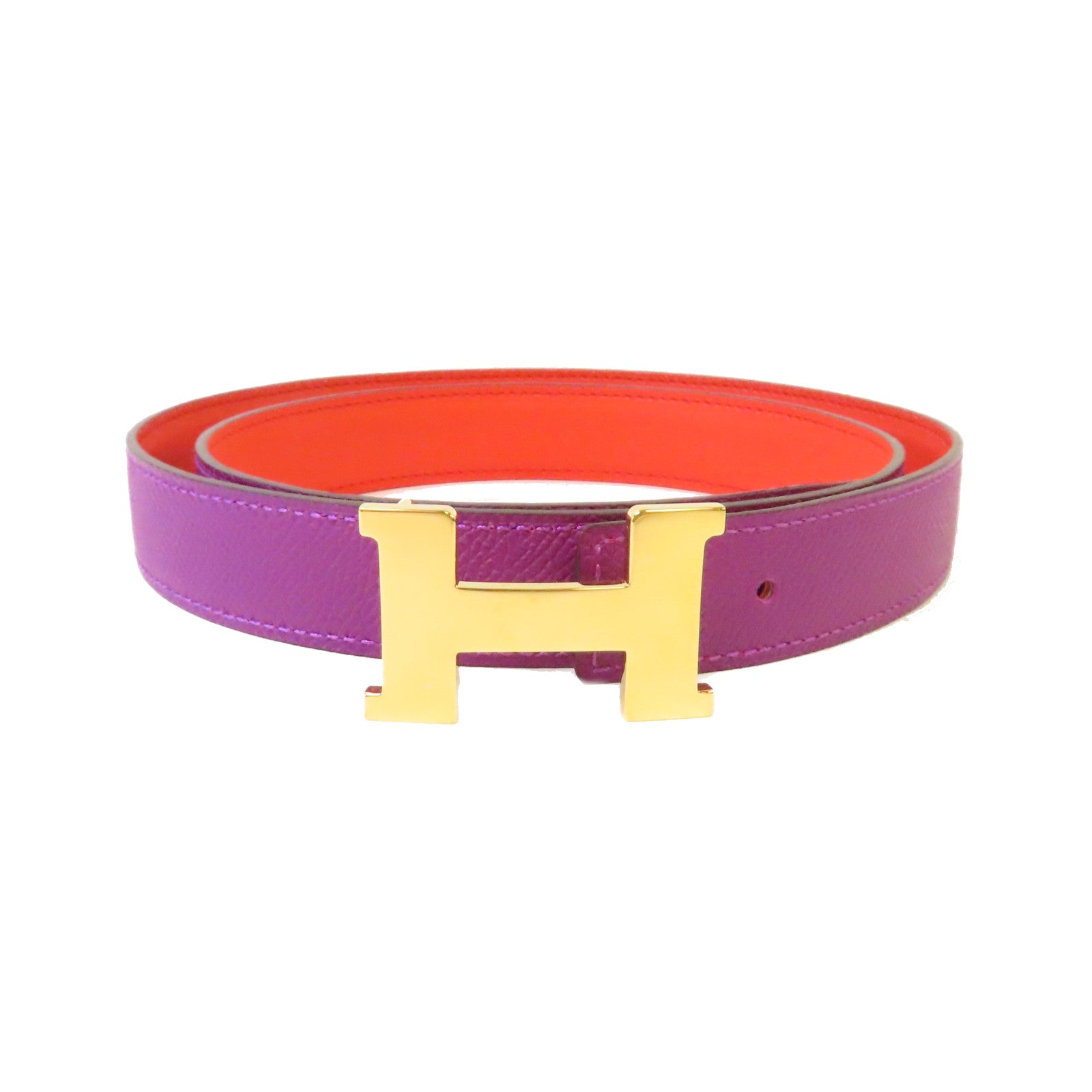 HERMES Epsom皮革/Swift皮革H Belt金扣皮革帶海葵紫色/火焰橙色
