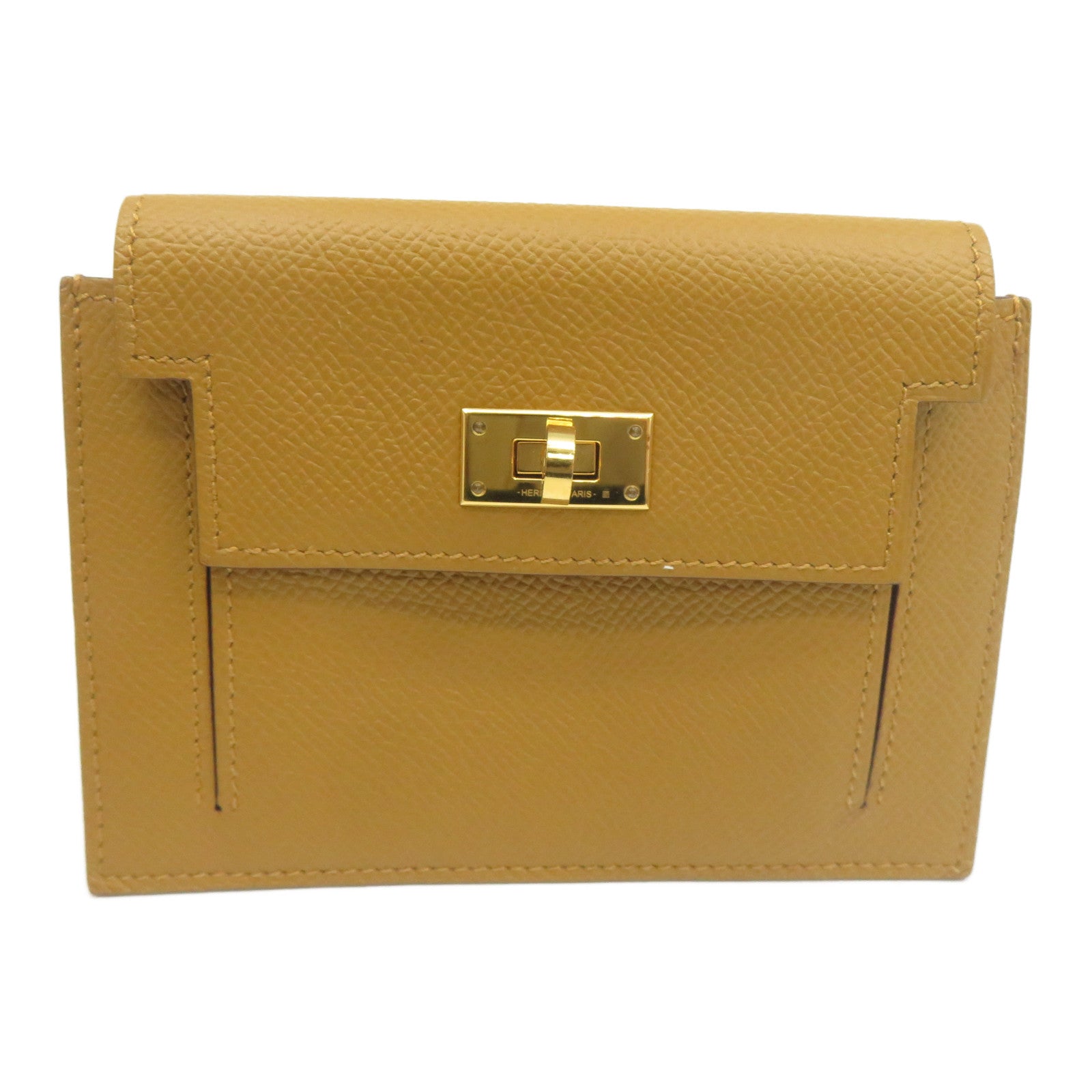 HERMES Epsom皮革Kelly Pocket Compact Wallet金扣錢包芥末色