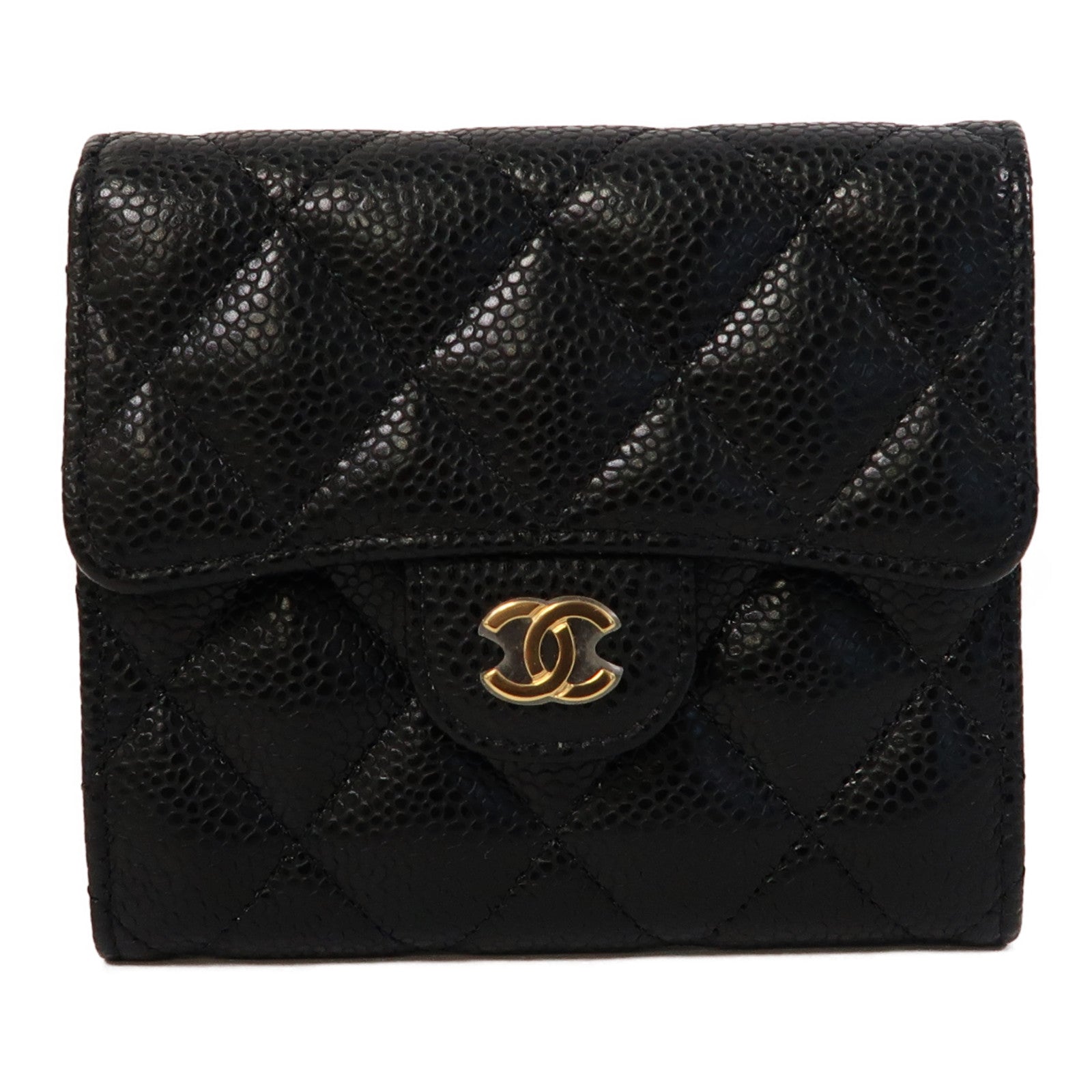 CHANEL 菱格Caviar皮革Classic Wallet金扣錢包黑色