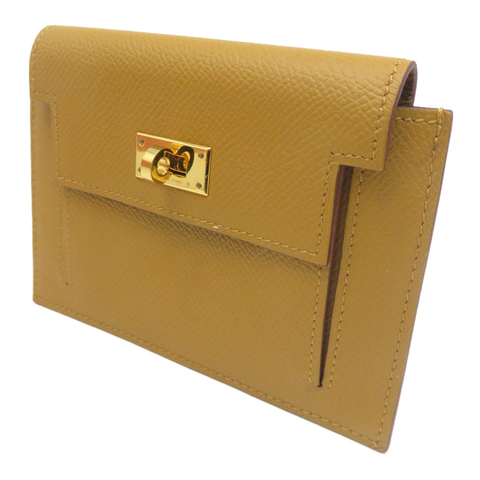 HERMES Epsom皮革Kelly Pocket Compact Wallet金扣錢包芥末色