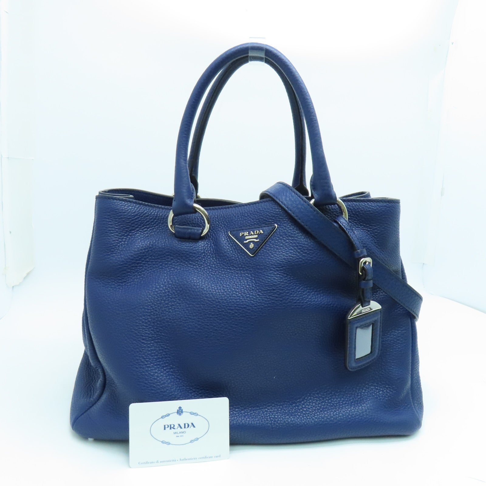 PRADA 【激減優惠】牛皮皮革2 Way Shoulder銀扣手挽肩背兩用袋藍色