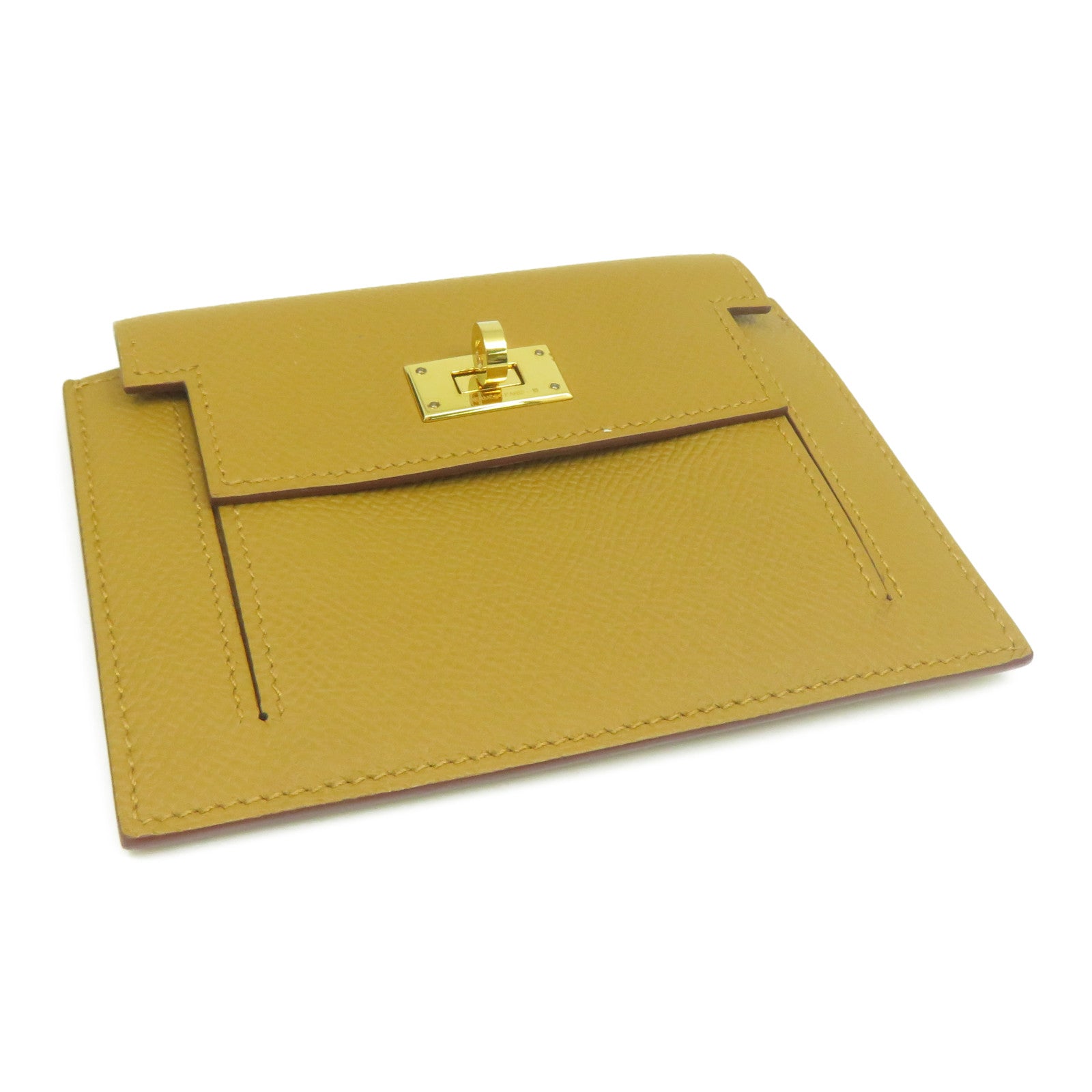 HERMES Epsom皮革Kelly Pocket Compact Wallet金扣錢包芥末色