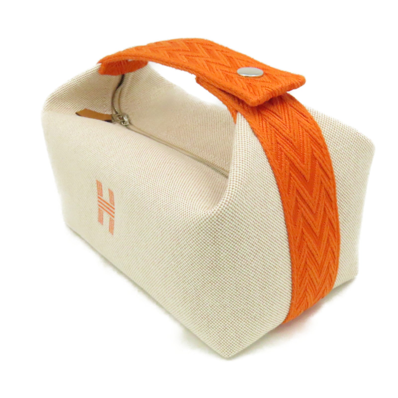HERMES 帆布Bride-A-Bac Case Hand Bag銀扣手挽袋米色/橙色